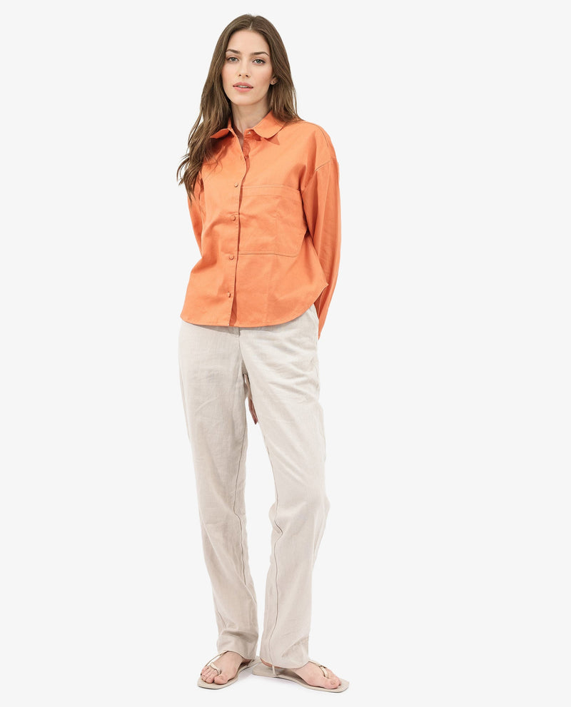 Rareism Women Harrila Orange Cotton Fabric Collared Neck Solid Regular Fit Shirt