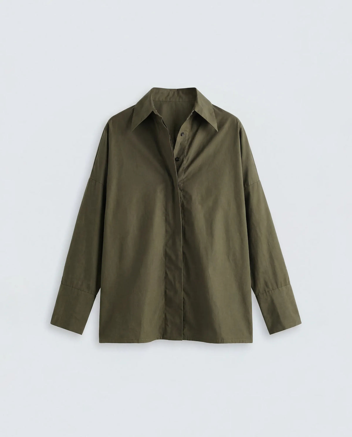 Rareism Women's Oni Olive Cotton Spread Collar Button Boxy Plain Shirt