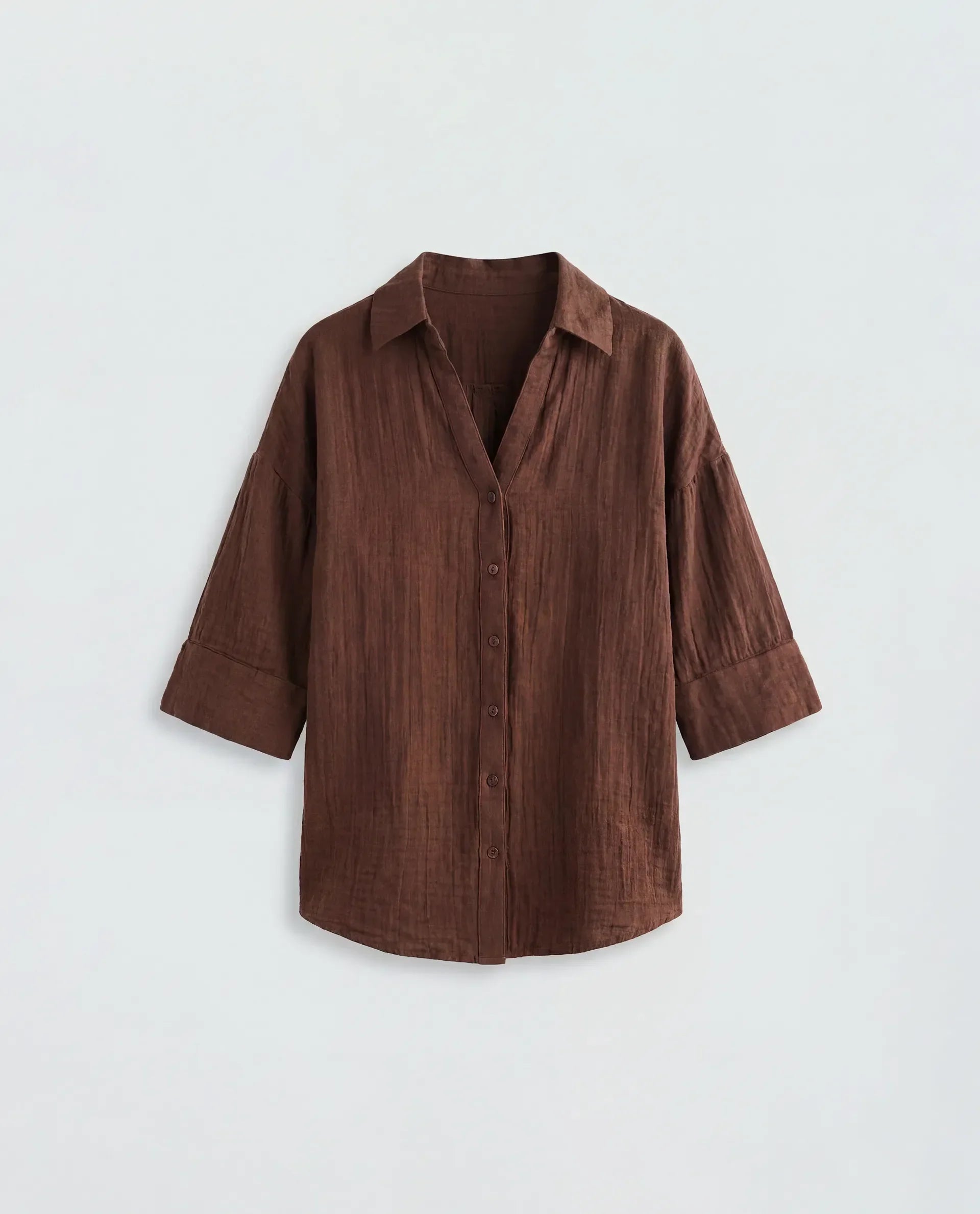 Rareism Women's Rudoc-T Brown Cotton Johnny Collar Oversized Plain Shirt