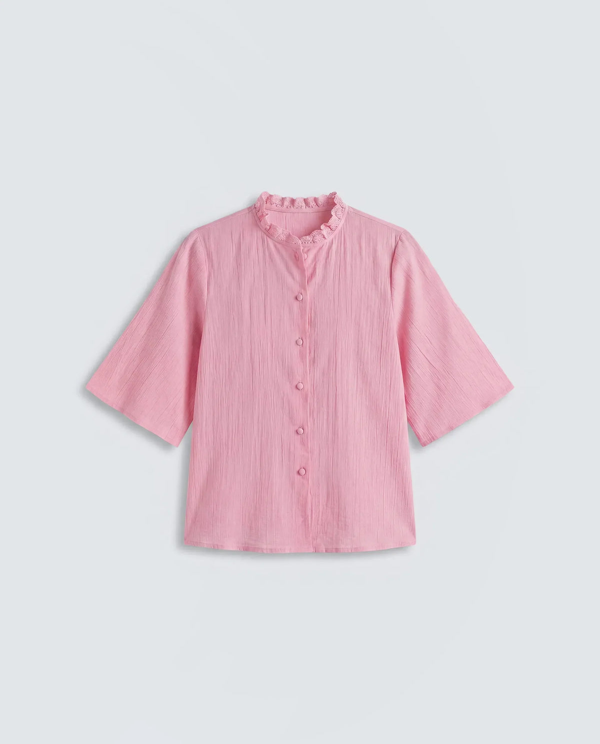 Rareism Women's Velpa Pink Cotton Ruffled Neck Relaxed Plain Top