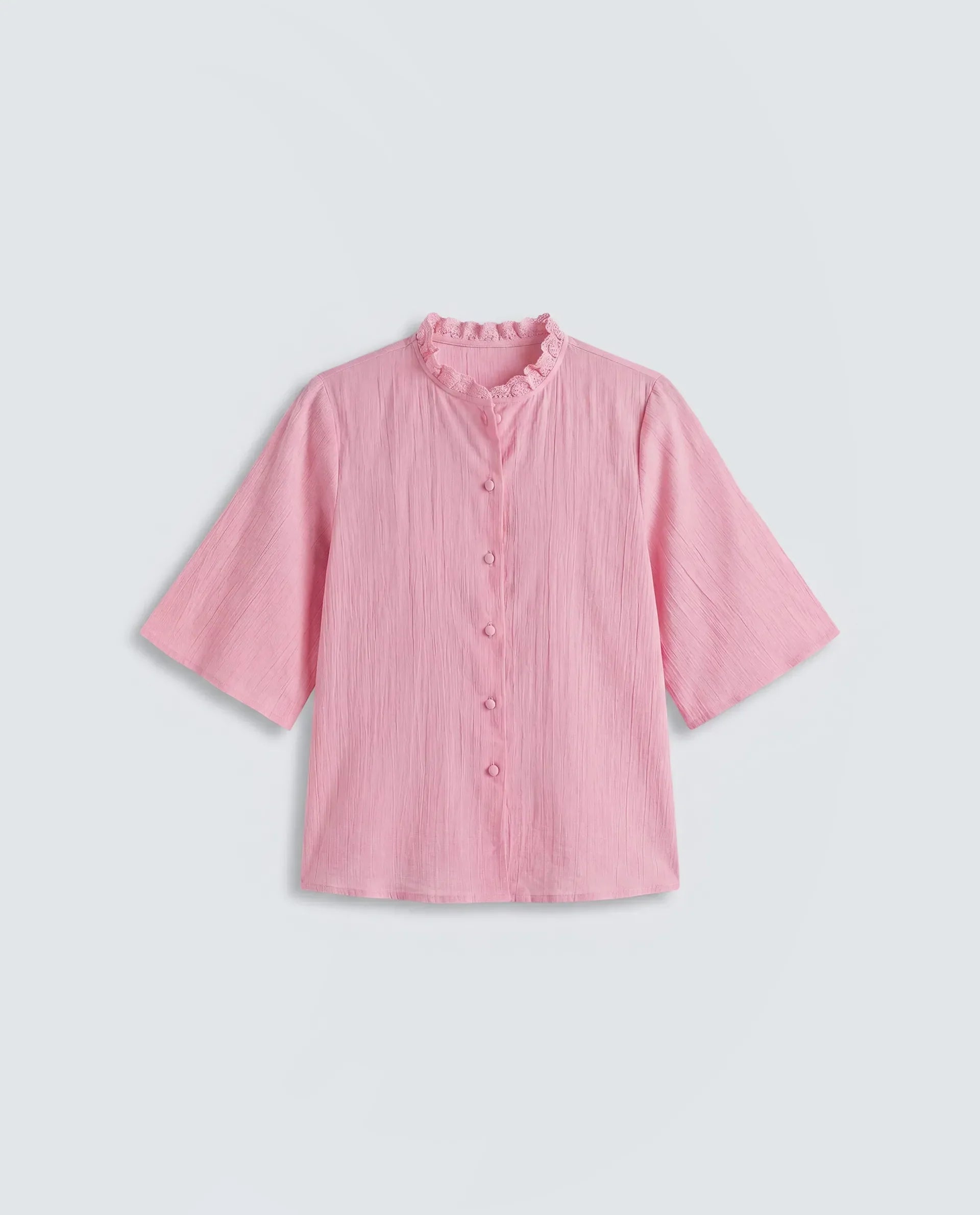 Rareism Women's Velpa Pink Cotton Ruffled Neck Relaxed Plain Top