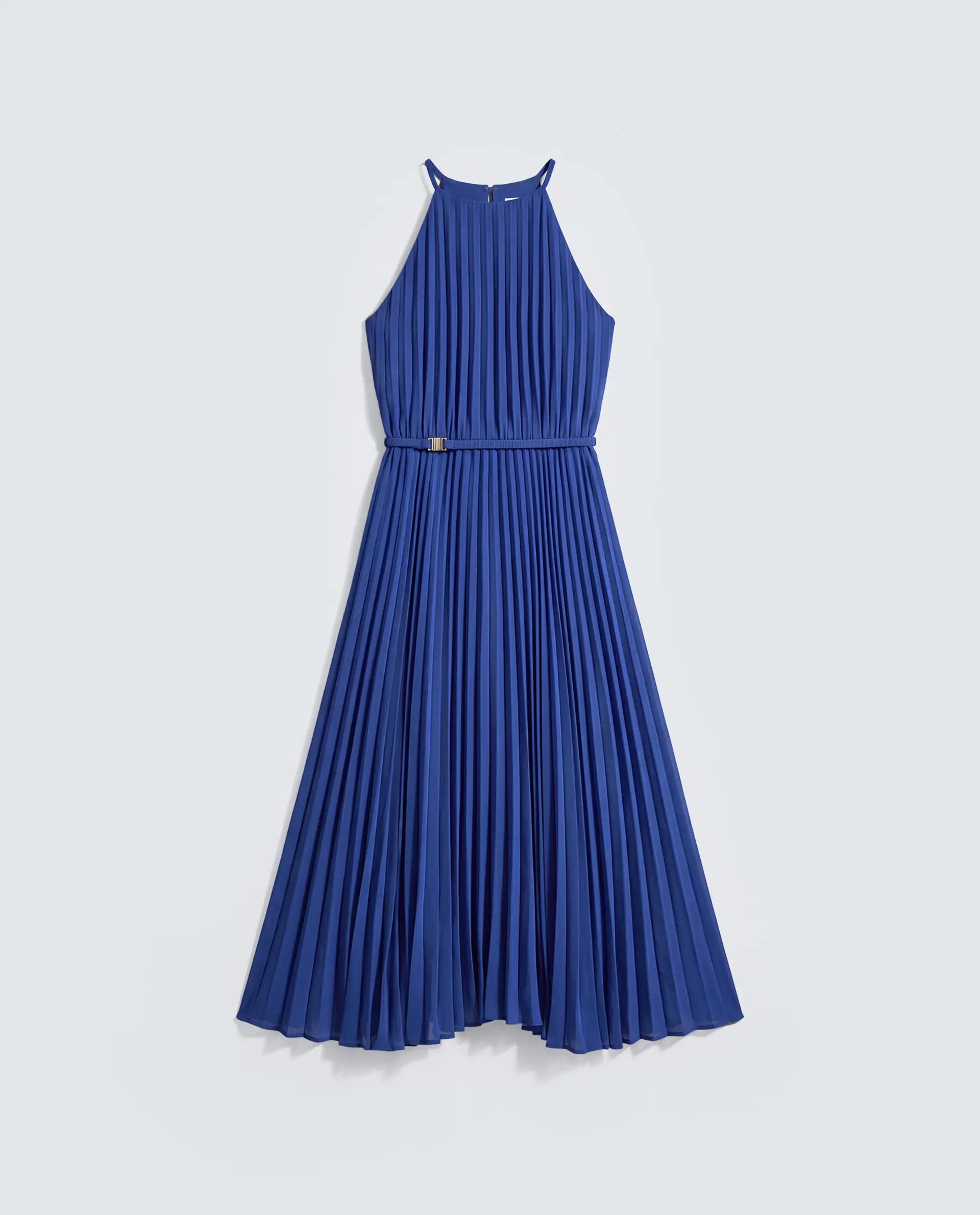 Rareism Women's Keplet Blue Polyester Halter Neck A-Line Plain Dress