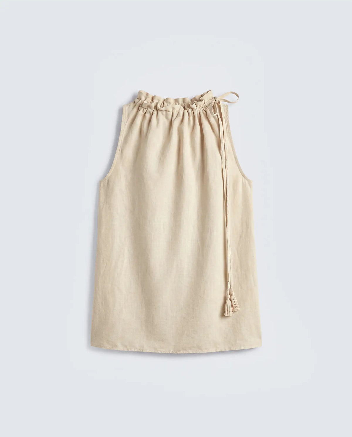 Rareism Women's Russo Beige Linen Blend Ruffled Neck Relaxed Plain Top