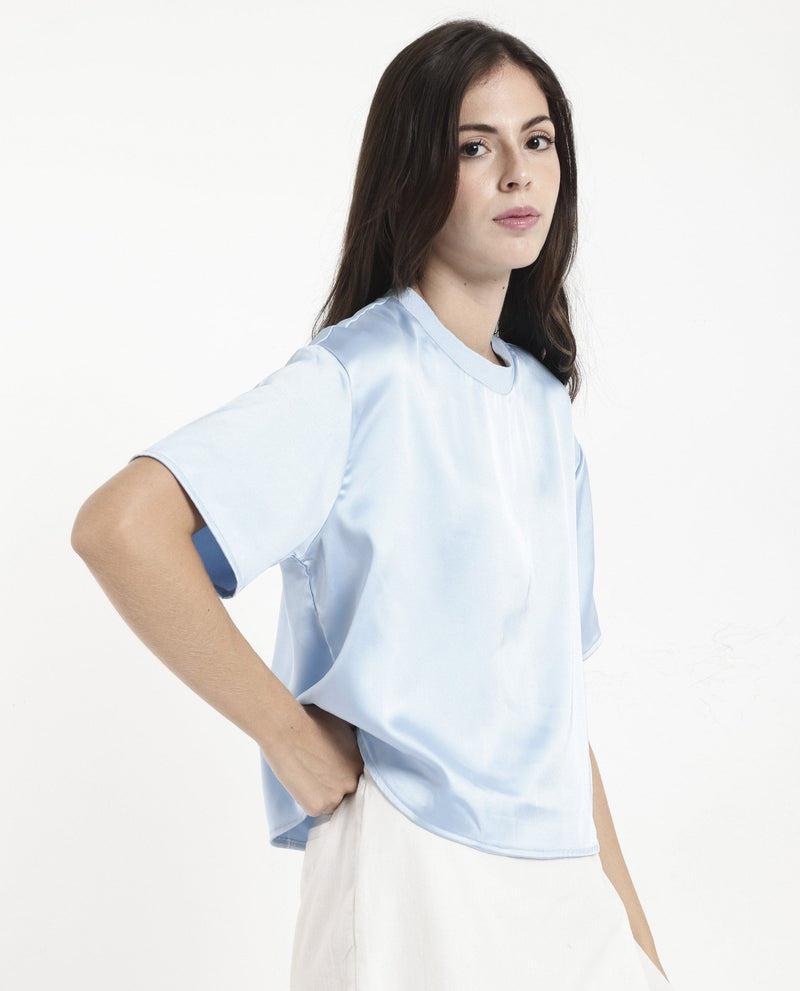 Rareism Women Haruno Light Blue Short Sleeve Ribbed Collar Boxy Fit Plain Top