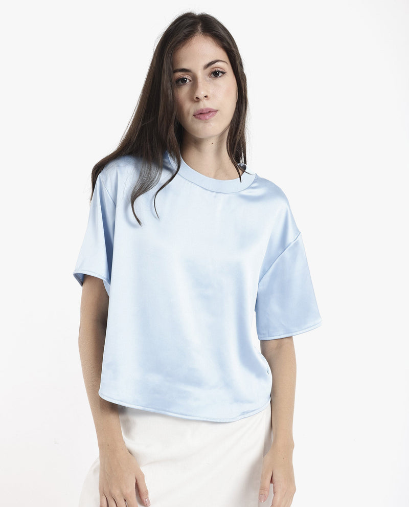 Rareism Women Haruno Light Blue Short Sleeve Ribbed Collar Boxy Fit Plain Top