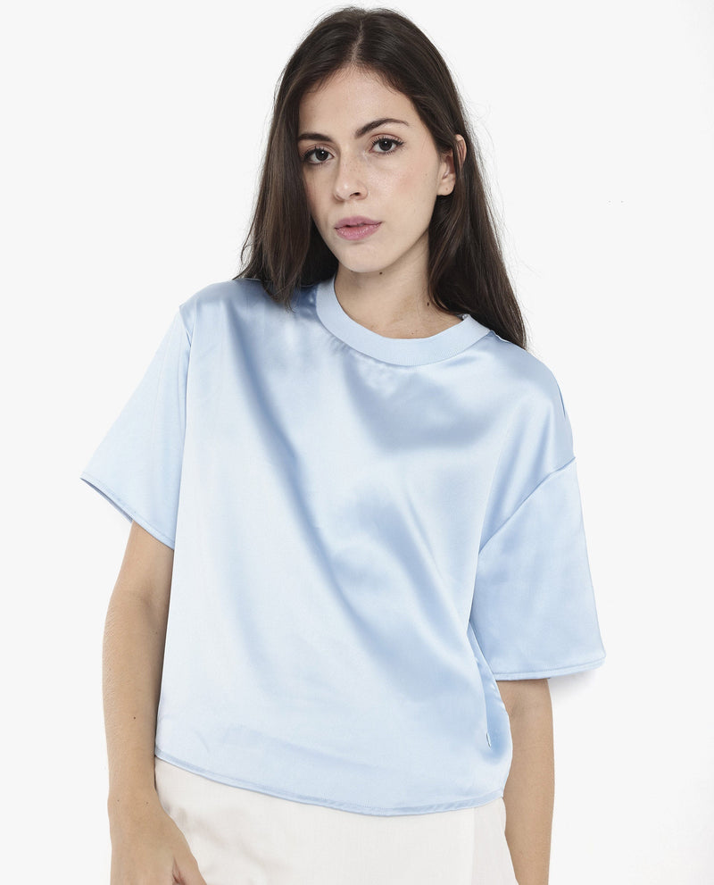 Rareism Women Haruno Light Blue Short Sleeve Ribbed Collar Boxy Fit Plain Top