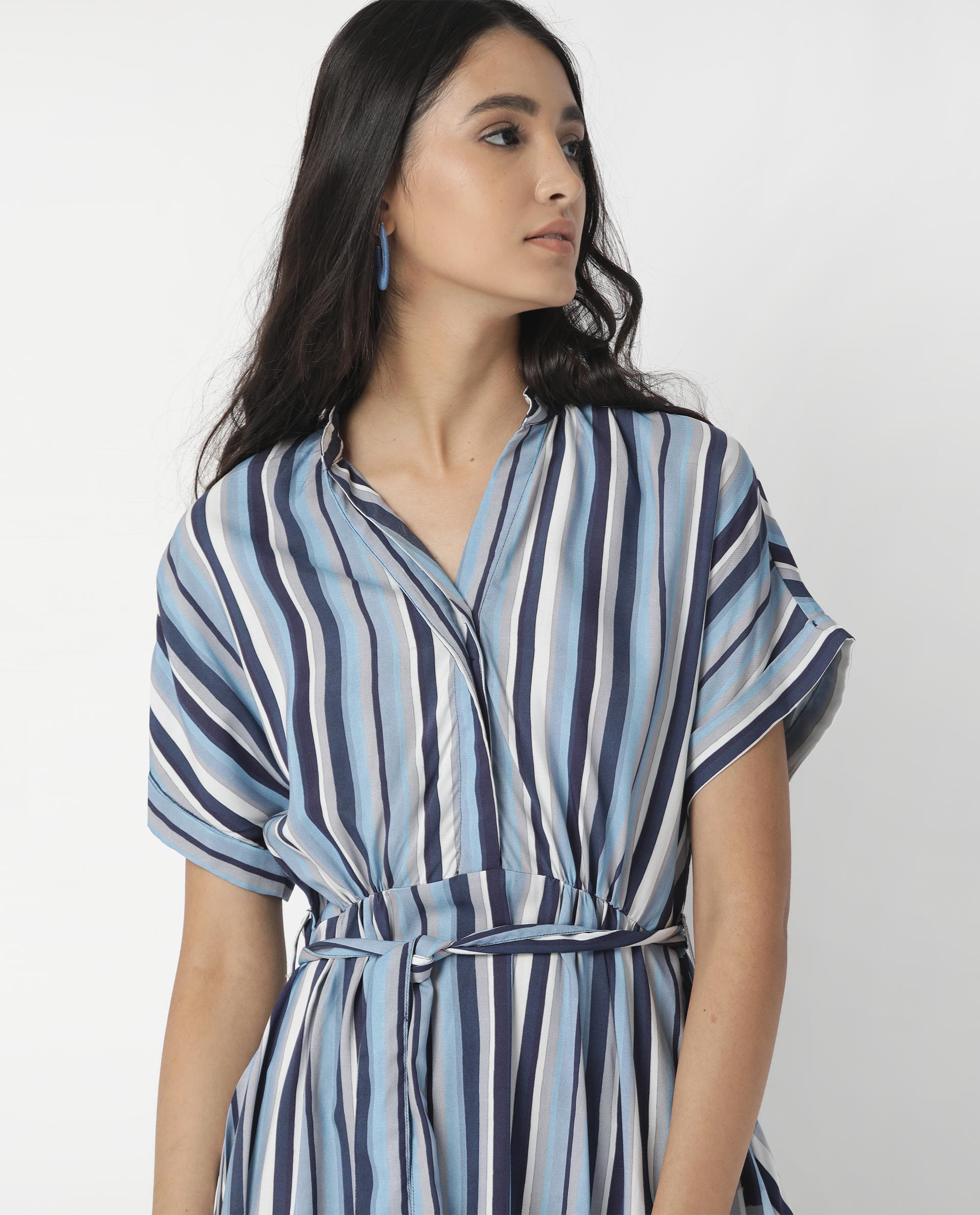 Rareism Womens Hash Blue Dress Viscose Fabric Relaxed Fit Regular Sleeves Mandarin Neck