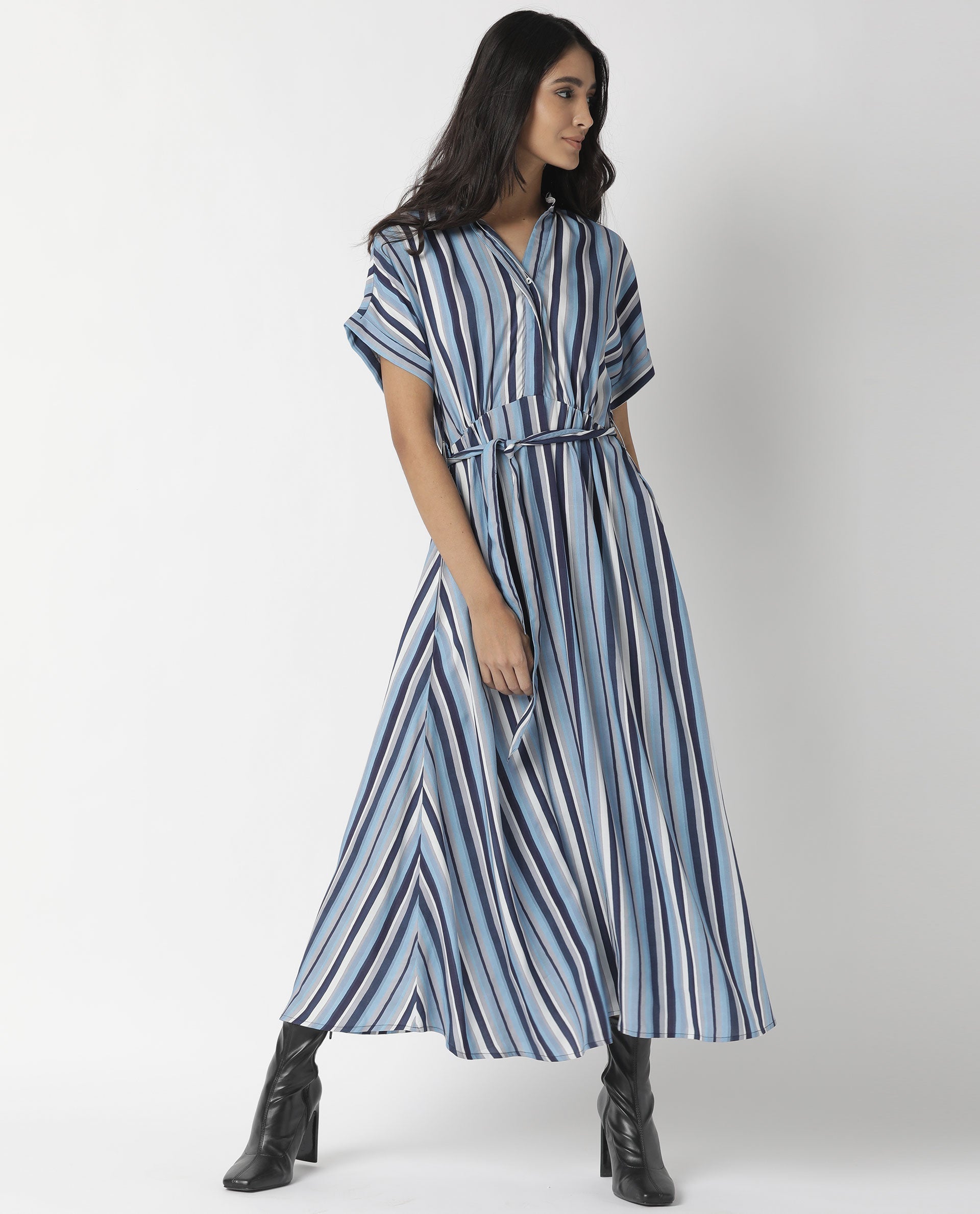 Rareism Womens Hash Blue Dress Viscose Fabric Relaxed Fit Regular Sleeves Mandarin Neck