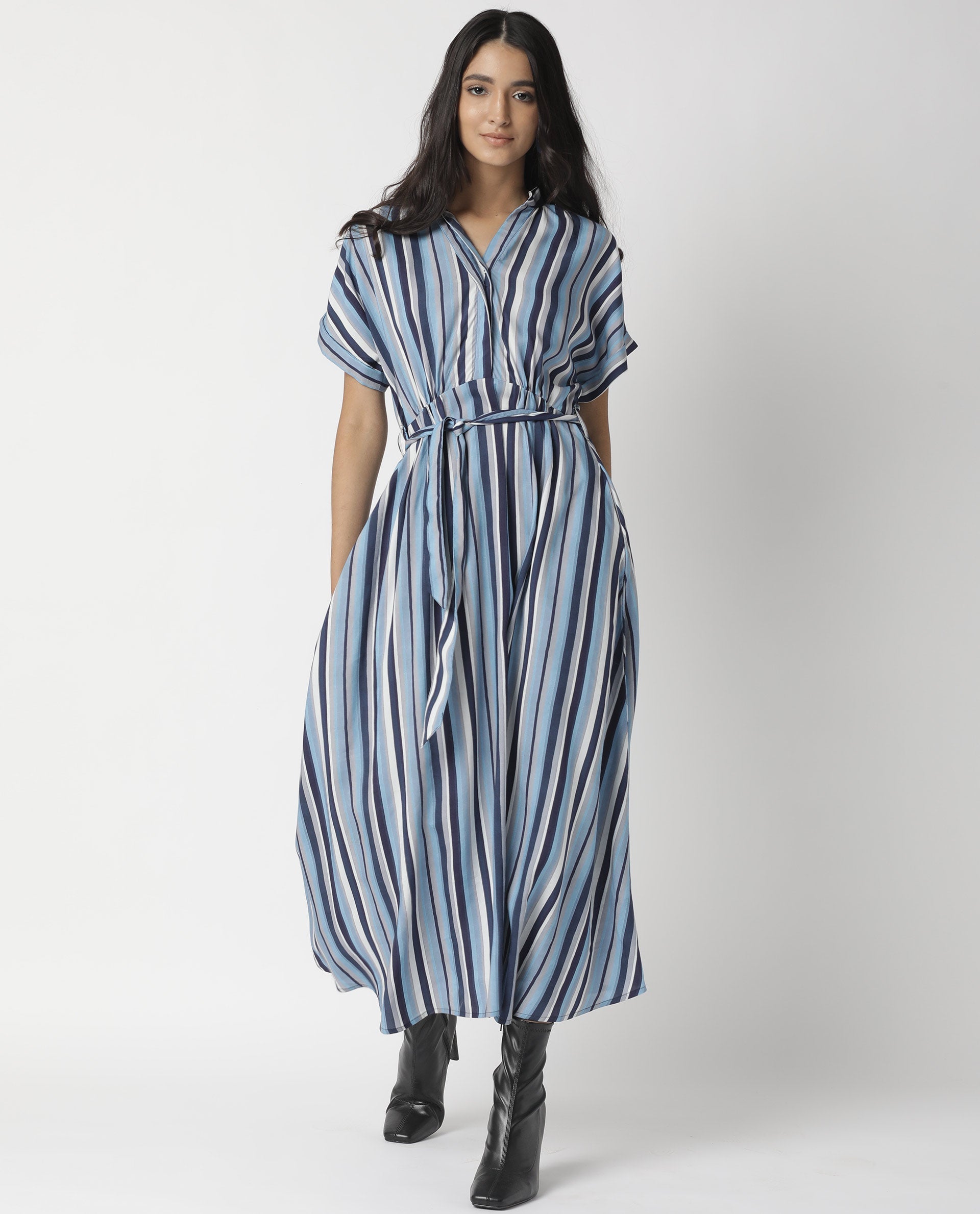 Rareism Womens Hash Blue Dress Viscose Fabric Relaxed Fit Regular Sleeves Mandarin Neck