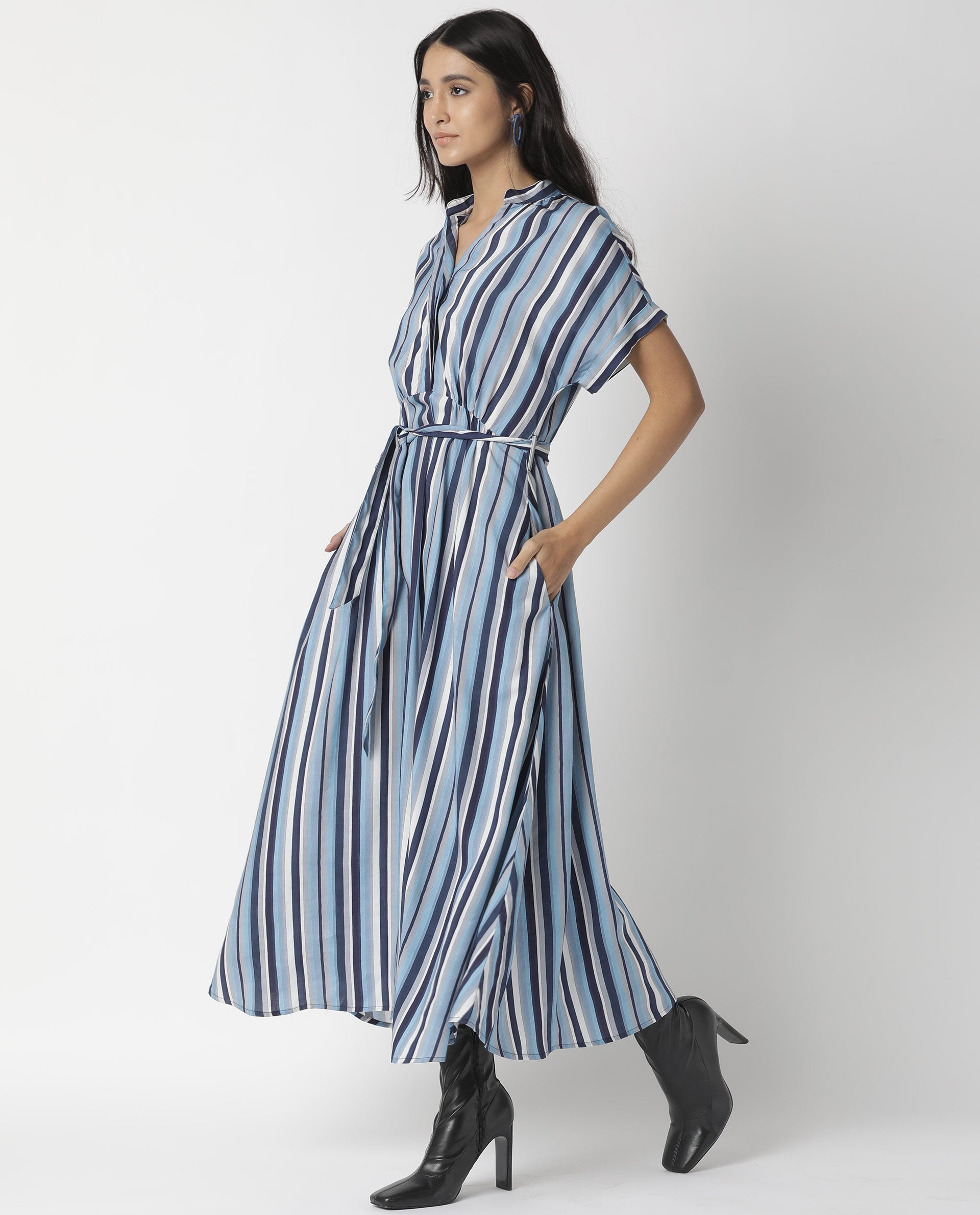 Rareism Womens Hash Blue Dress Viscose Fabric Relaxed Fit Regular Sleeves Mandarin Neck