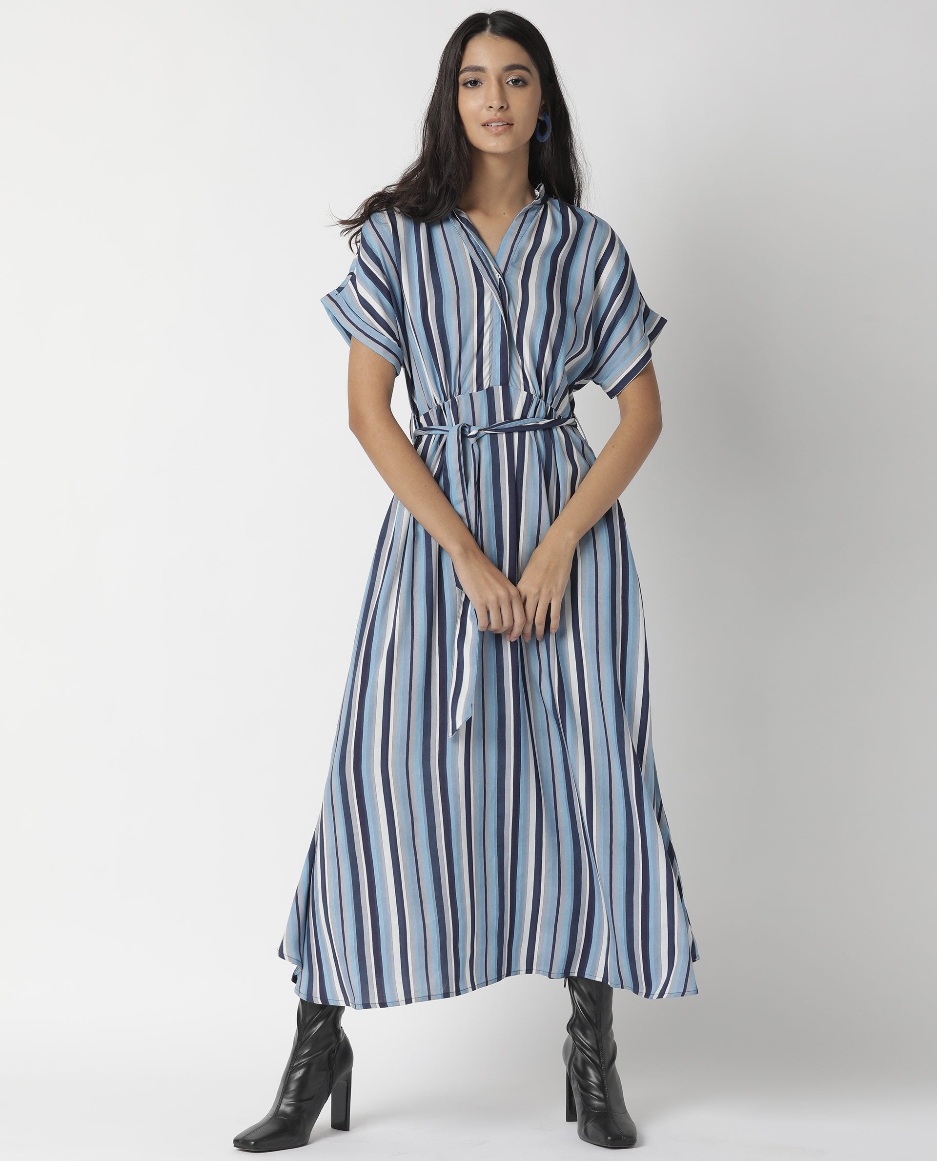 Rareism Womens Hash Blue Dress Viscose Fabric Relaxed Fit Regular Sleeves Mandarin Neck