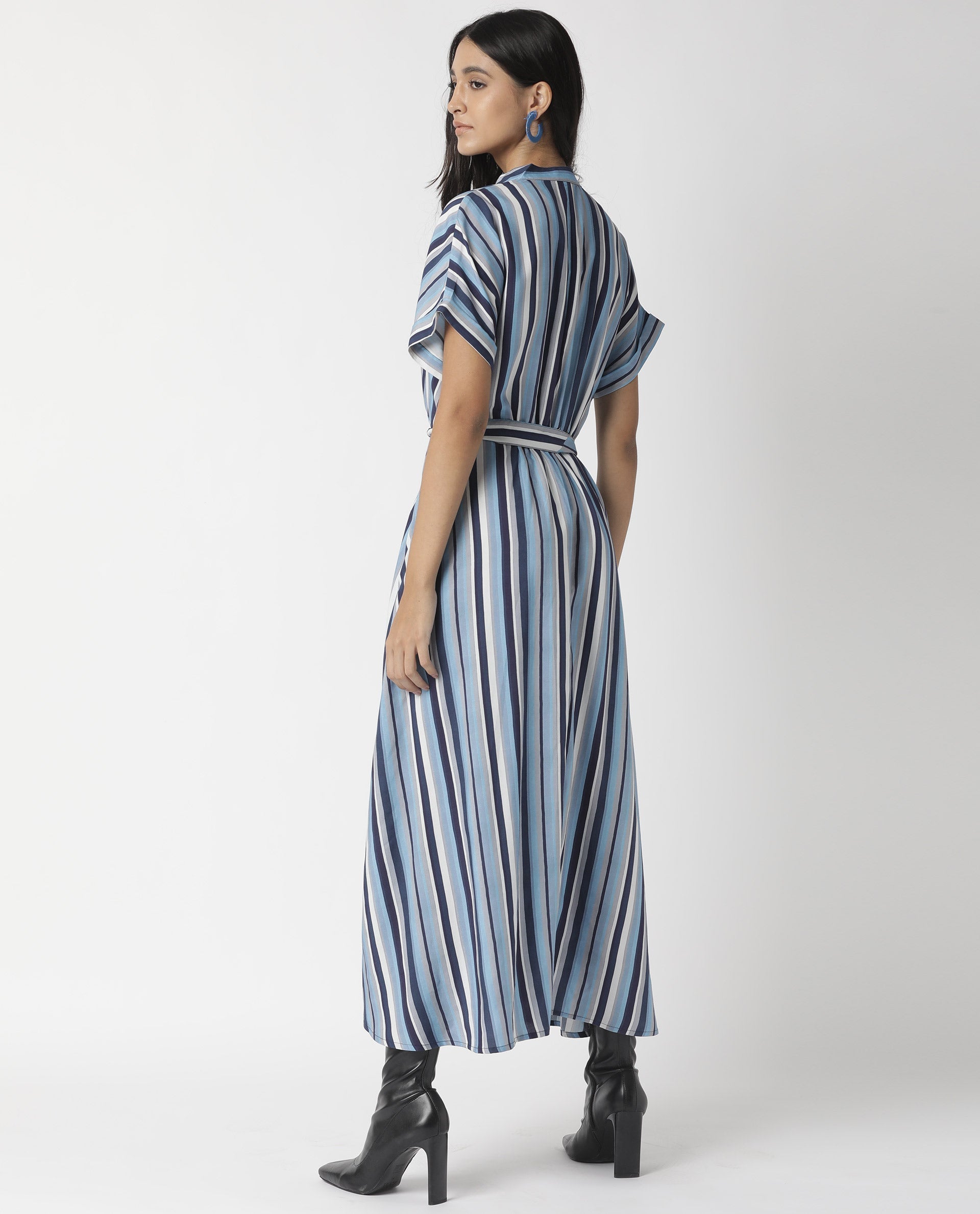 Rareism Womens Hash Blue Dress Viscose Fabric Relaxed Fit Regular Sleeves Mandarin Neck