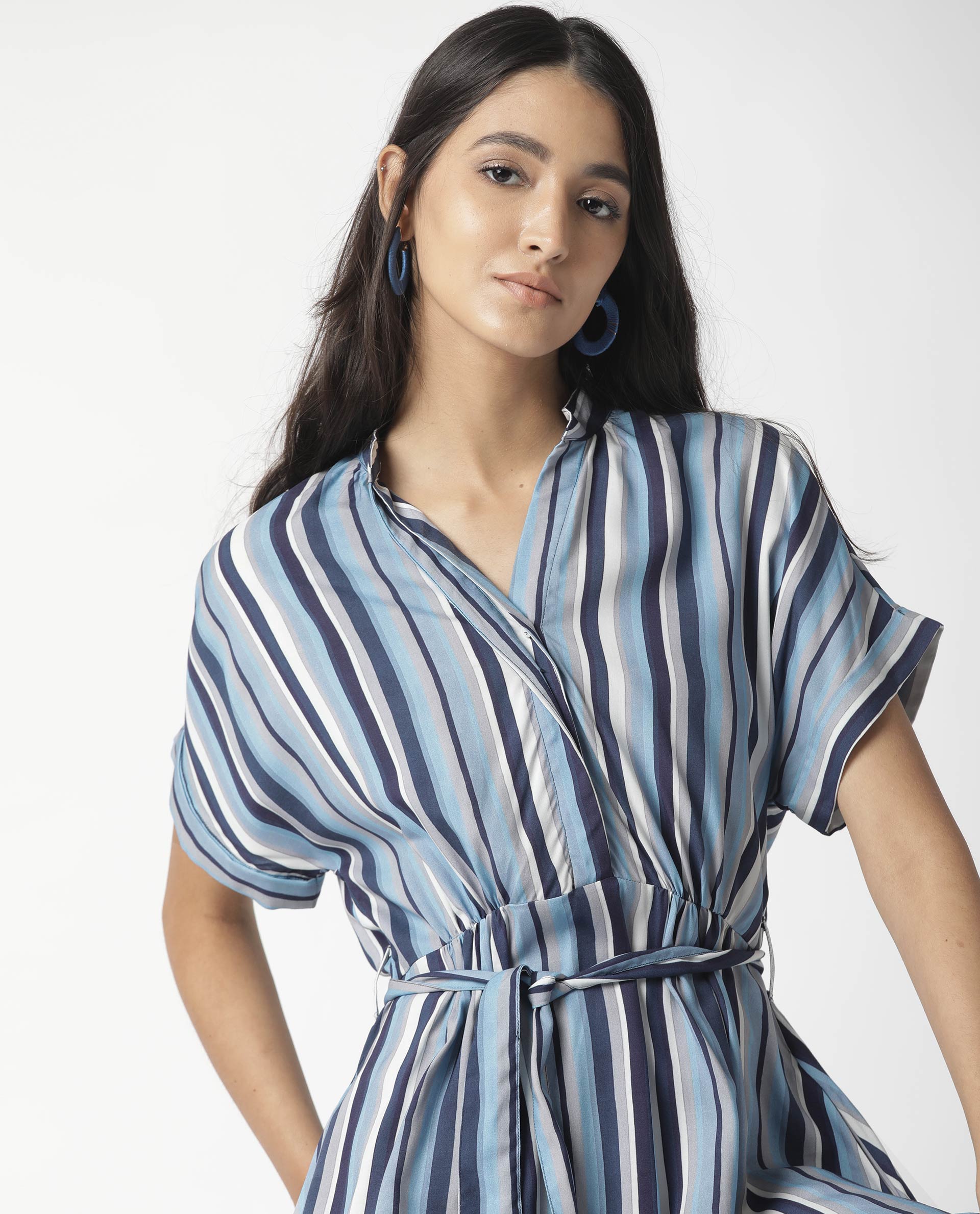 Rareism Womens Hash Blue Dress Viscose Fabric Relaxed Fit Regular Sleeves Mandarin Neck
