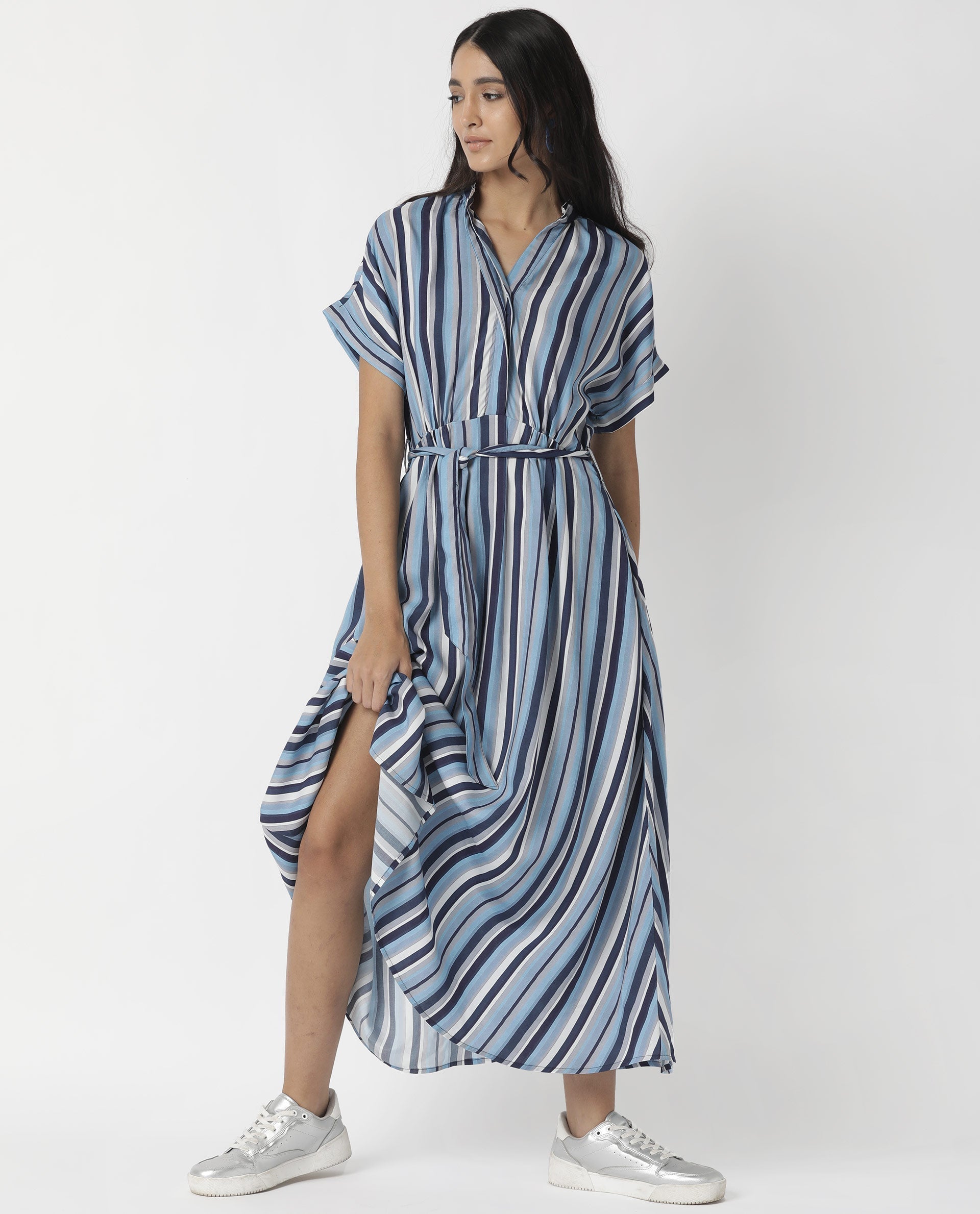 Rareism Womens Hash Blue Dress Viscose Fabric Relaxed Fit Regular Sleeves Mandarin Neck