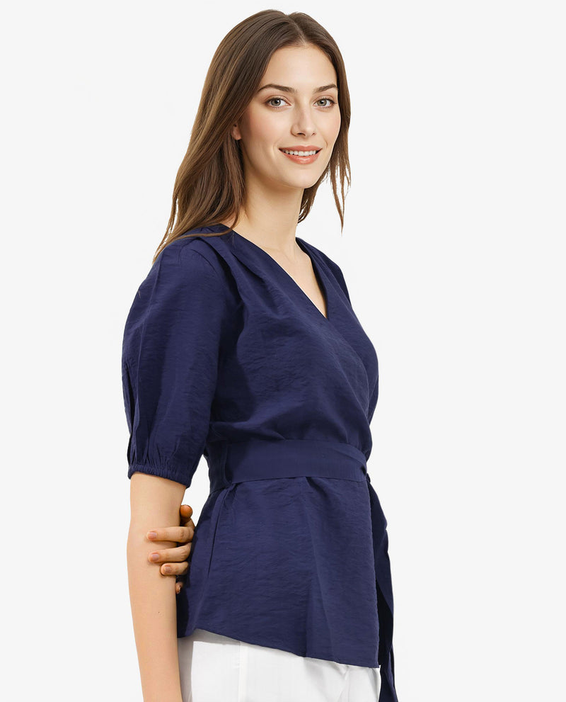 Rareism Women'S Hatten Navy Rayon Nylon Fabric Regular Sleeves V-Neck Solid Regular Length Top
