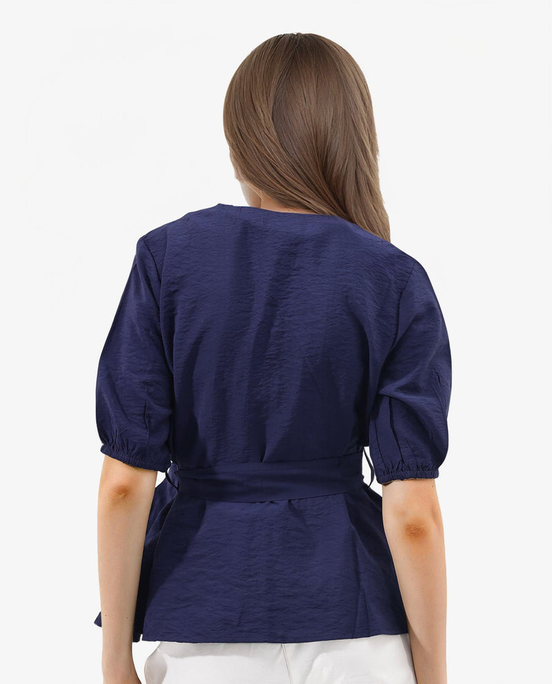 Rareism Women'S Hatten Navy Rayon Nylon Fabric Regular Sleeves V-Neck Solid Regular Length Top