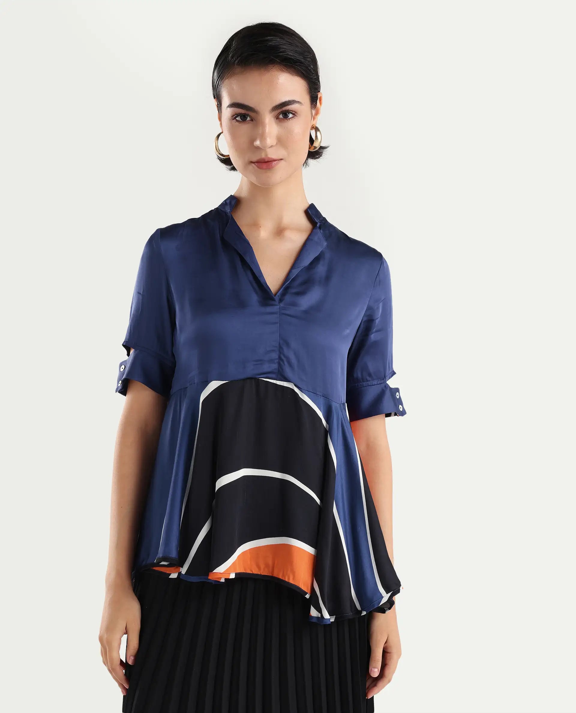 Rareism Women's Havana Orange Modal Overlap Neck Abstract Print Relaxed Fit Top