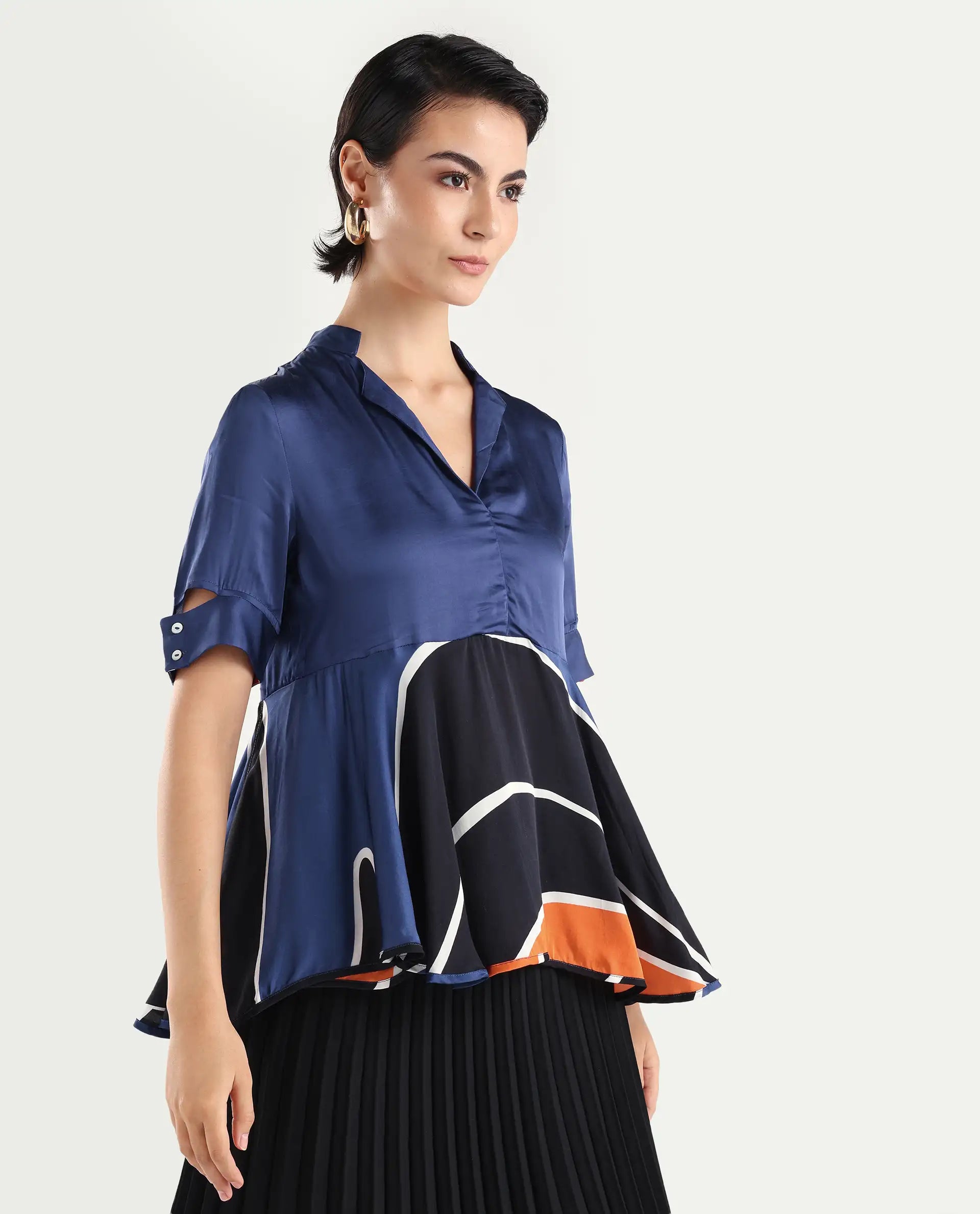 Rareism Women's Havana Orange Modal Overlap Neck Abstract Print Relaxed Fit Top