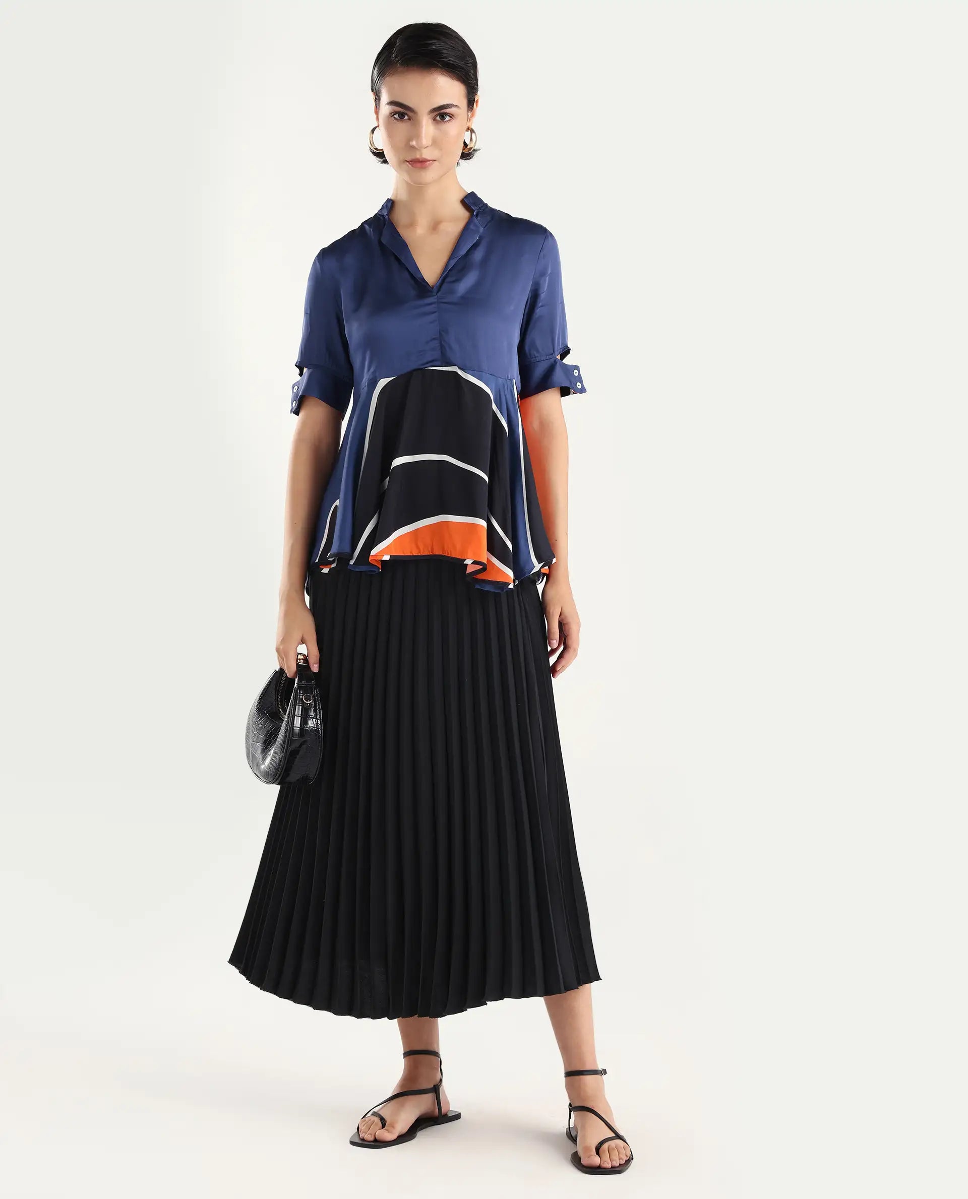 Rareism Women's Havana Orange Modal Overlap Neck Abstract Print Relaxed Fit Top