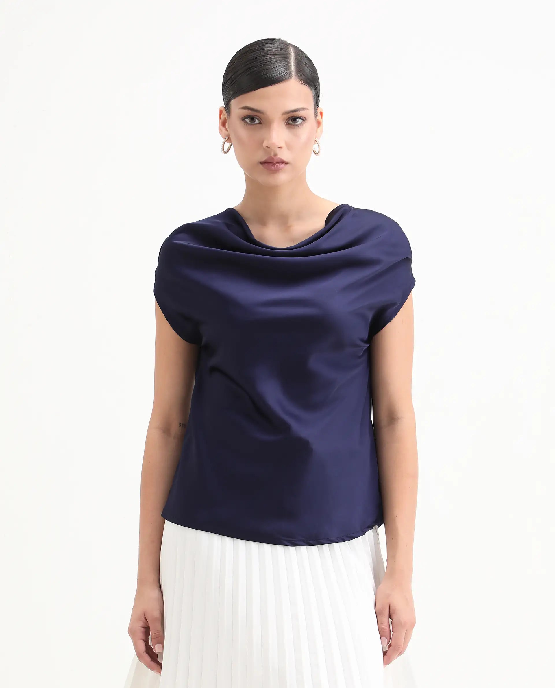 Rareism Women's Hawter Navy Polyester Cowl Neck Plain Cap Sleeve Regular Fit Top