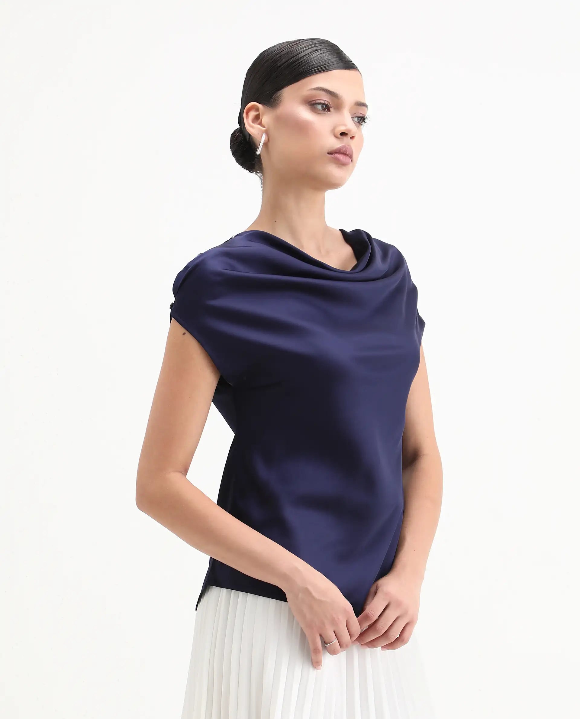Rareism Women's Hawter Navy Polyester Cowl Neck Plain Cap Sleeve Regular Fit Top