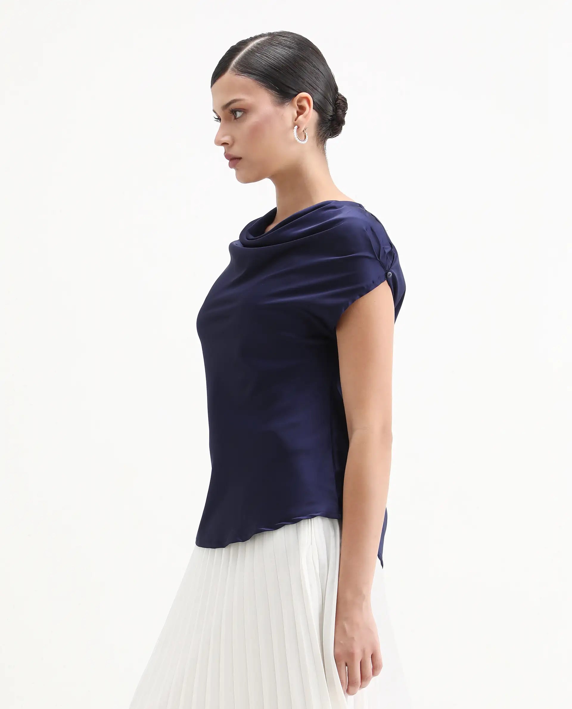 Rareism Women's Hawter Navy Polyester Cowl Neck Plain Cap Sleeve Regular Fit Top