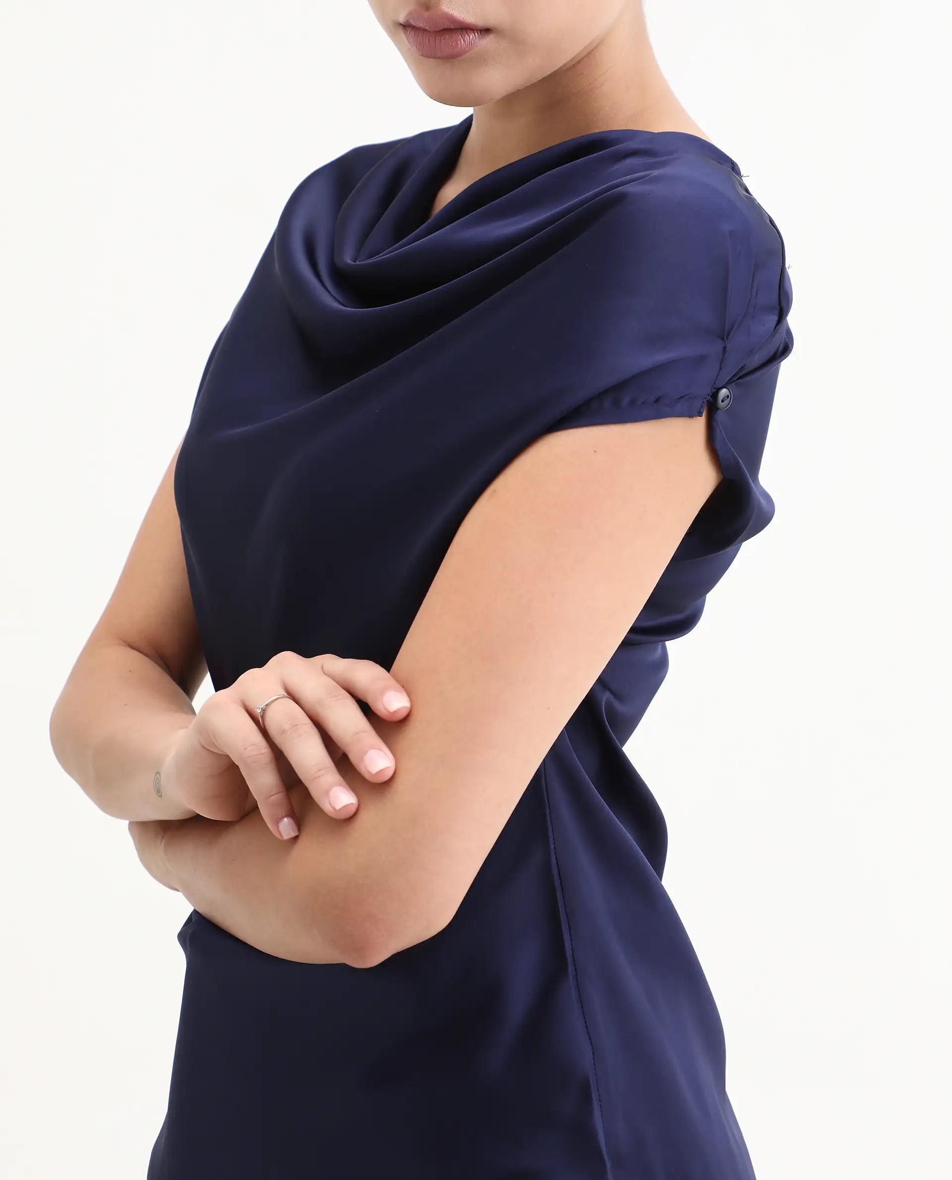 Rareism Women's Hawter Navy Polyester Cowl Neck Plain Cap Sleeve Regular Fit Top