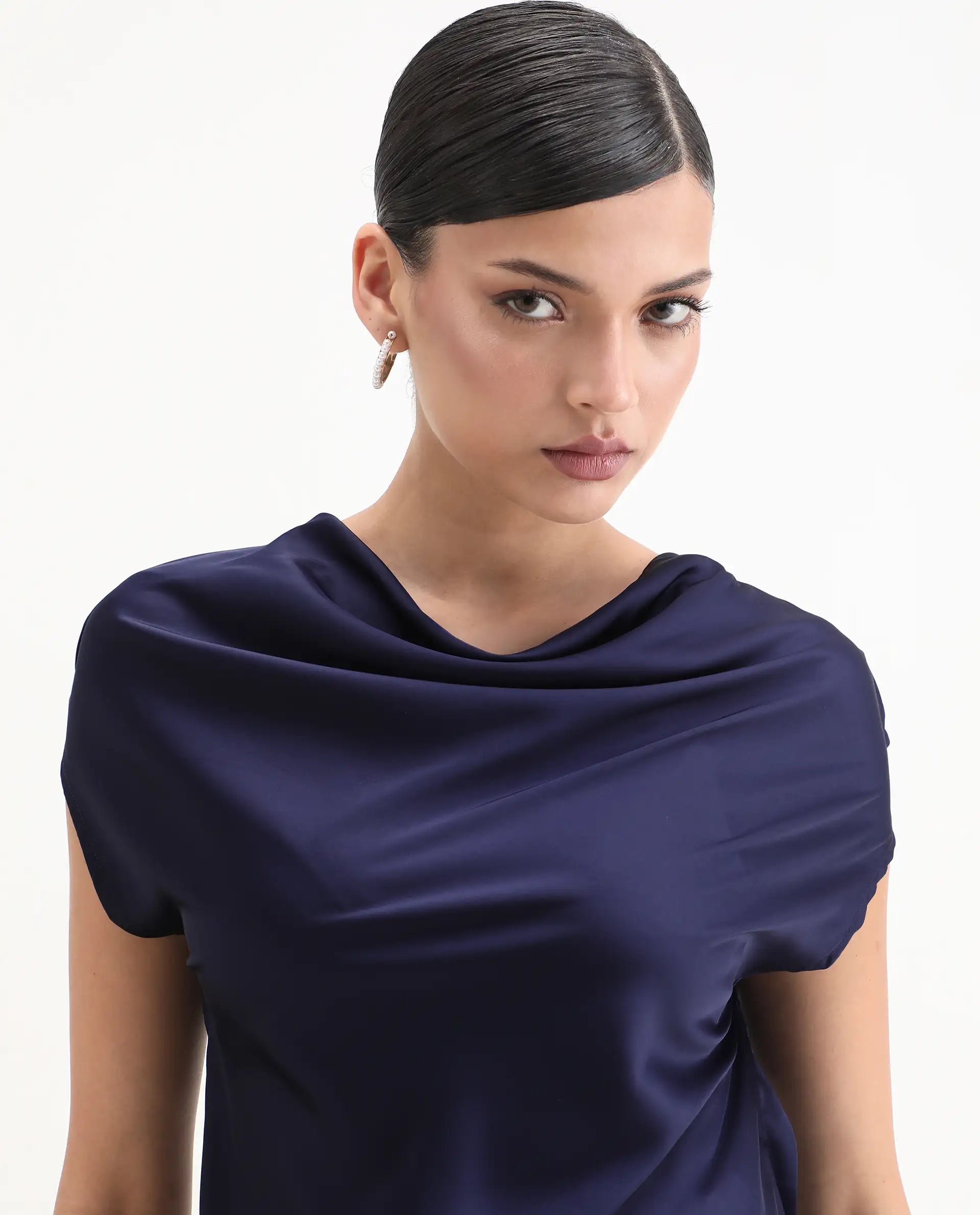 Rareism Women's Hawter Navy Polyester Cowl Neck Plain Cap Sleeve Regular Fit Top
