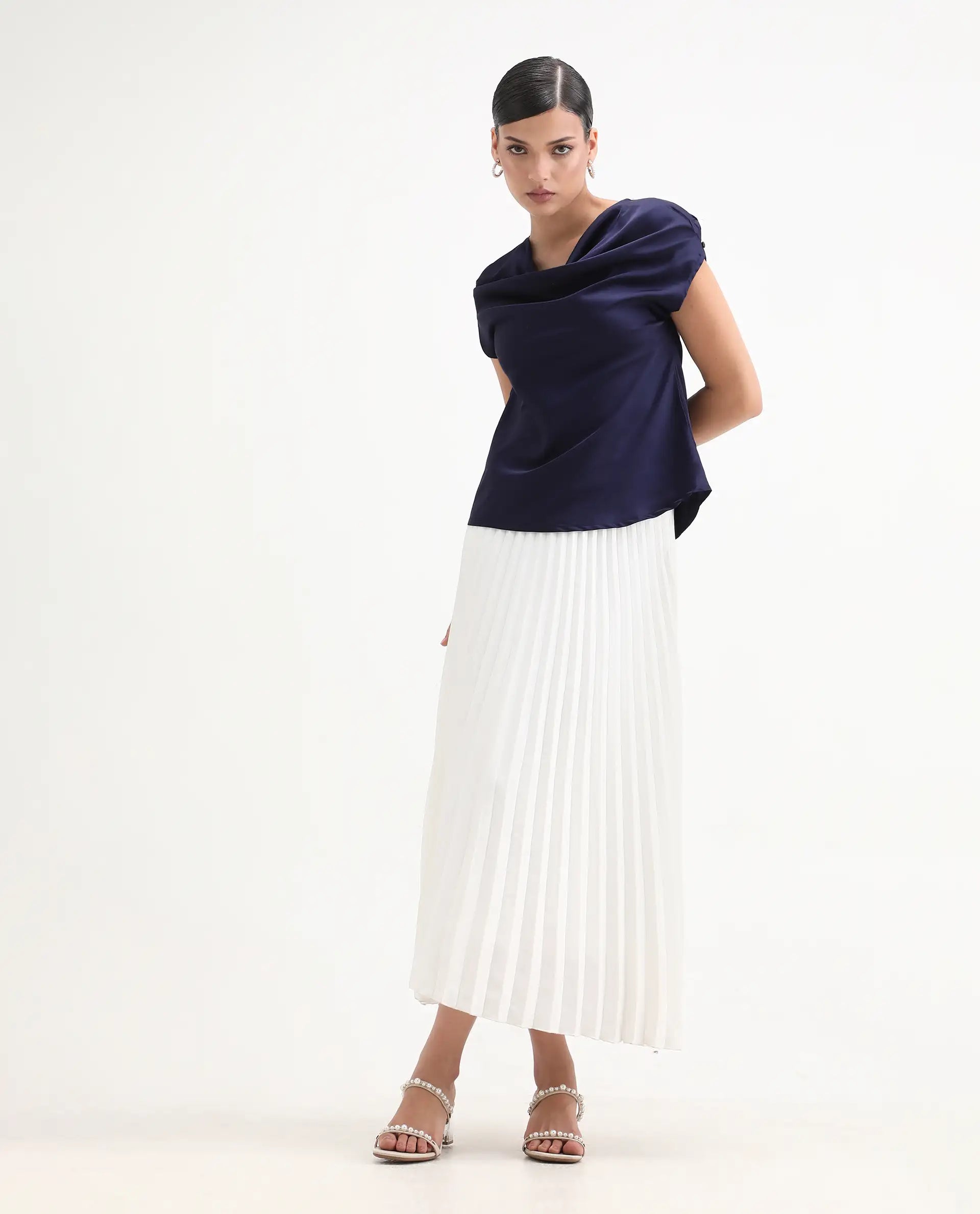 Rareism Women's Hawter Navy Polyester Cowl Neck Plain Cap Sleeve Regular Fit Top