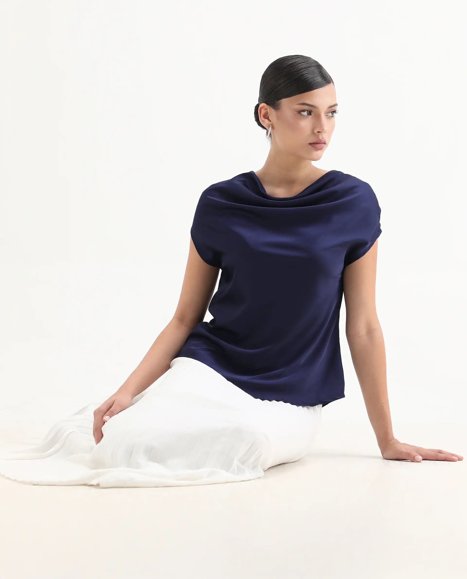 Rareism Women's Hawter Navy Polyester Cowl Neck Plain Cap Sleeve Regular Fit Top