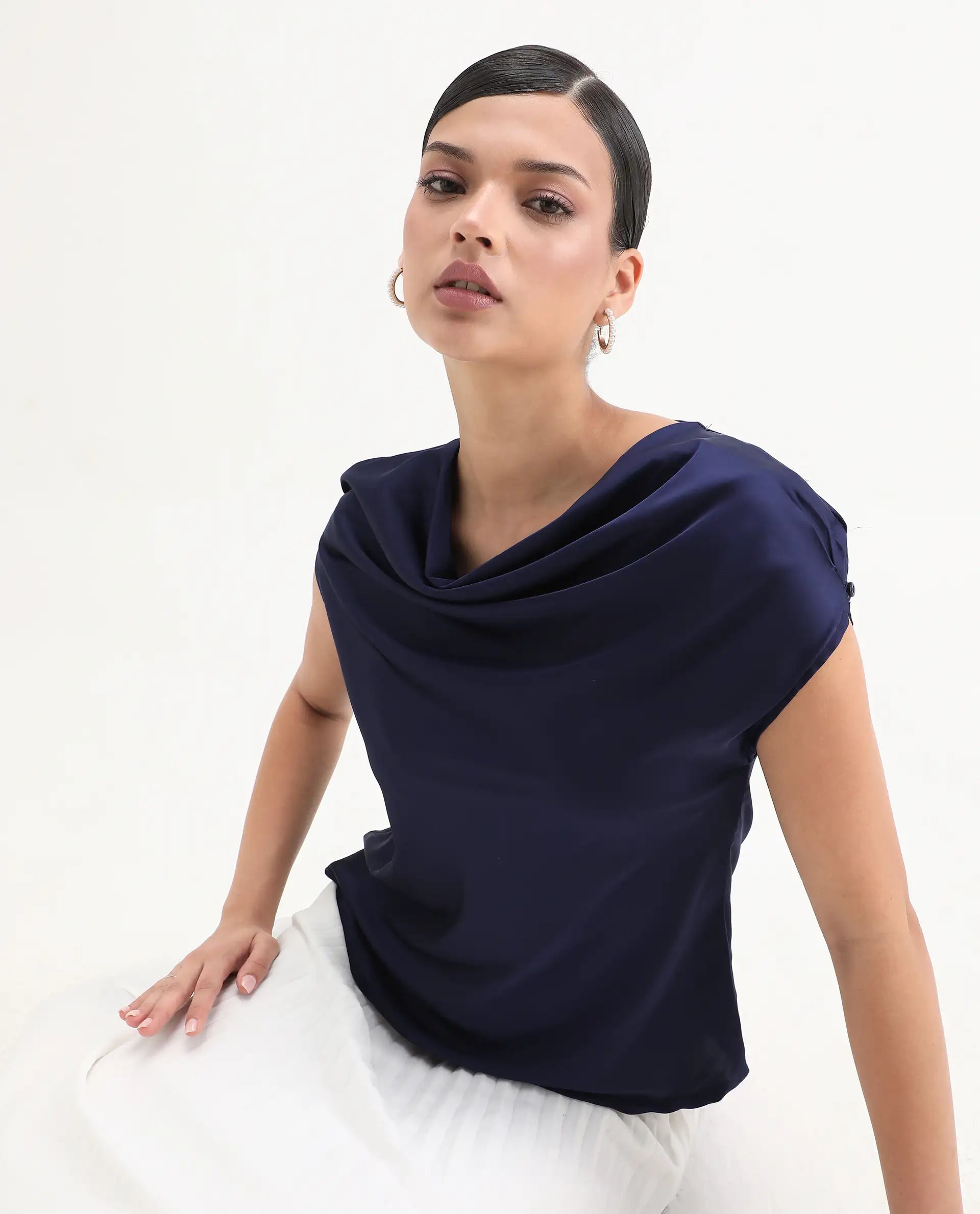 Rareism Women's Hawter Navy Polyester Cowl Neck Plain Cap Sleeve Regular Fit Top