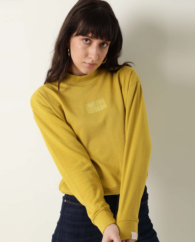 Rareism Women Hectare Yellow Cotton Poly Fabric Relaxed Fit Full Sleeves Solid High Neck Sweatshirt