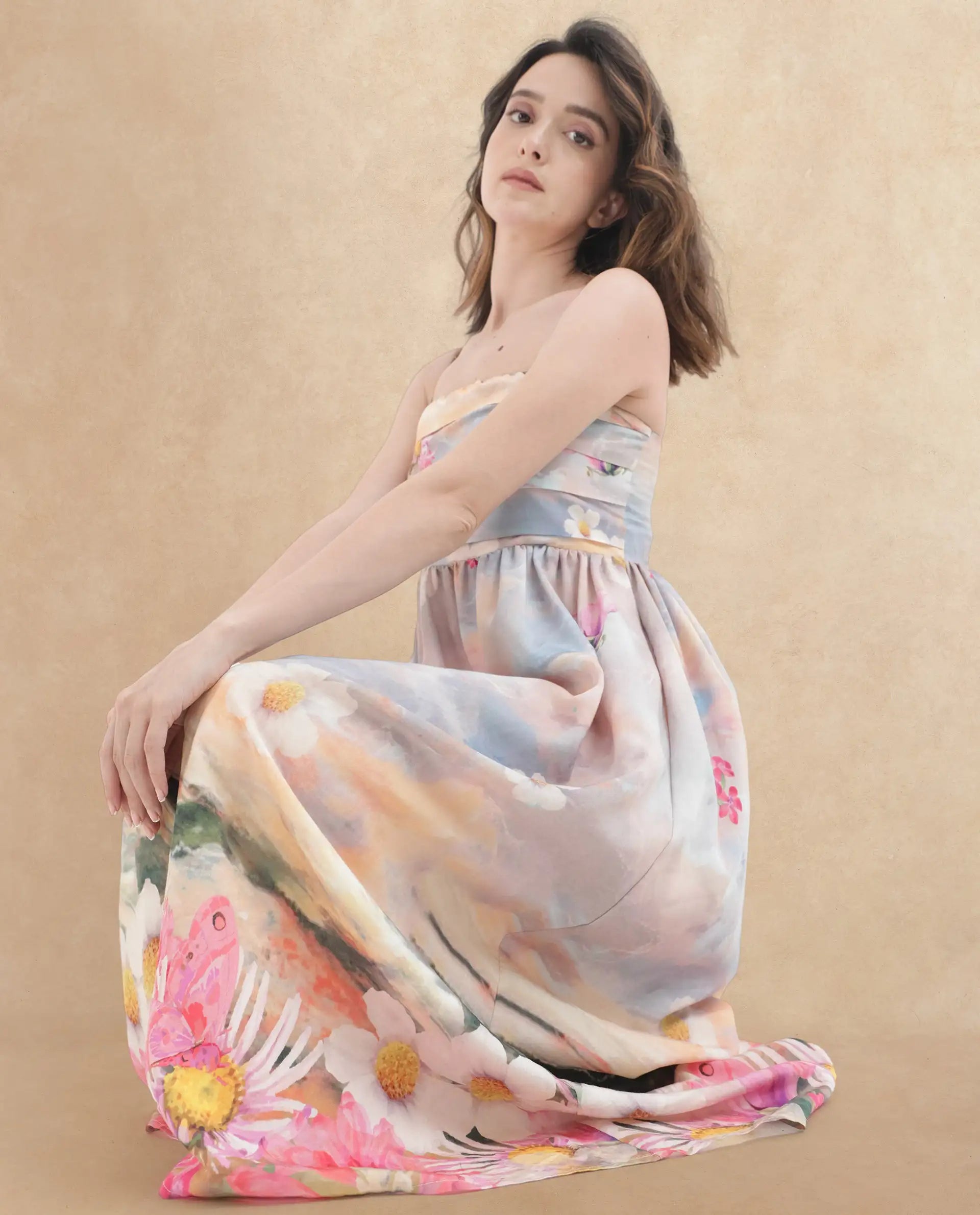 Rareism Women's Heidi Multi Viscose Blend Shoulder Strap Floral Print Shoulder Strap Midi Fit And Flare Dress