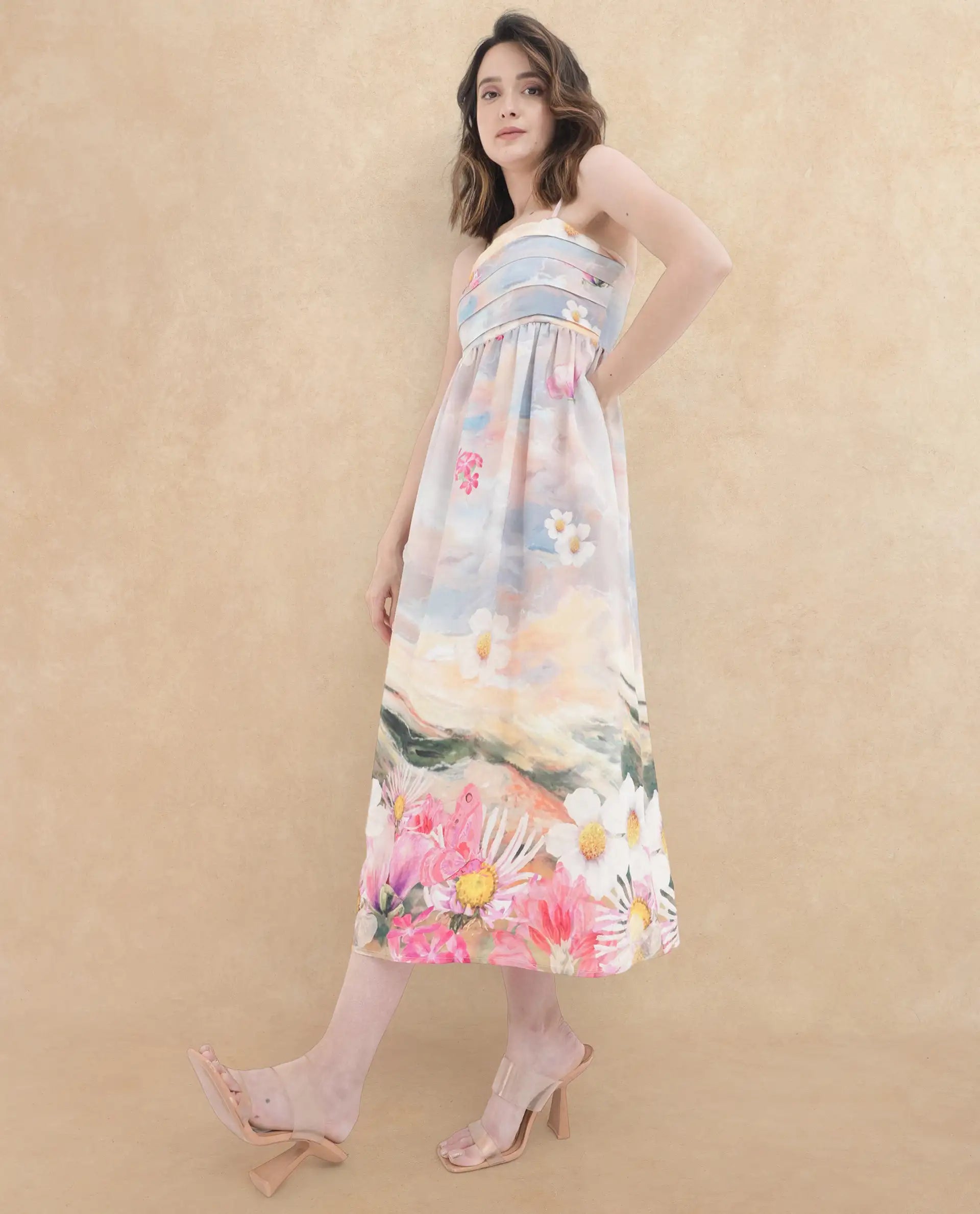 Rareism Women's Heidi Multi Viscose Blend Shoulder Strap Floral Print Shoulder Strap Midi Fit And Flare Dress