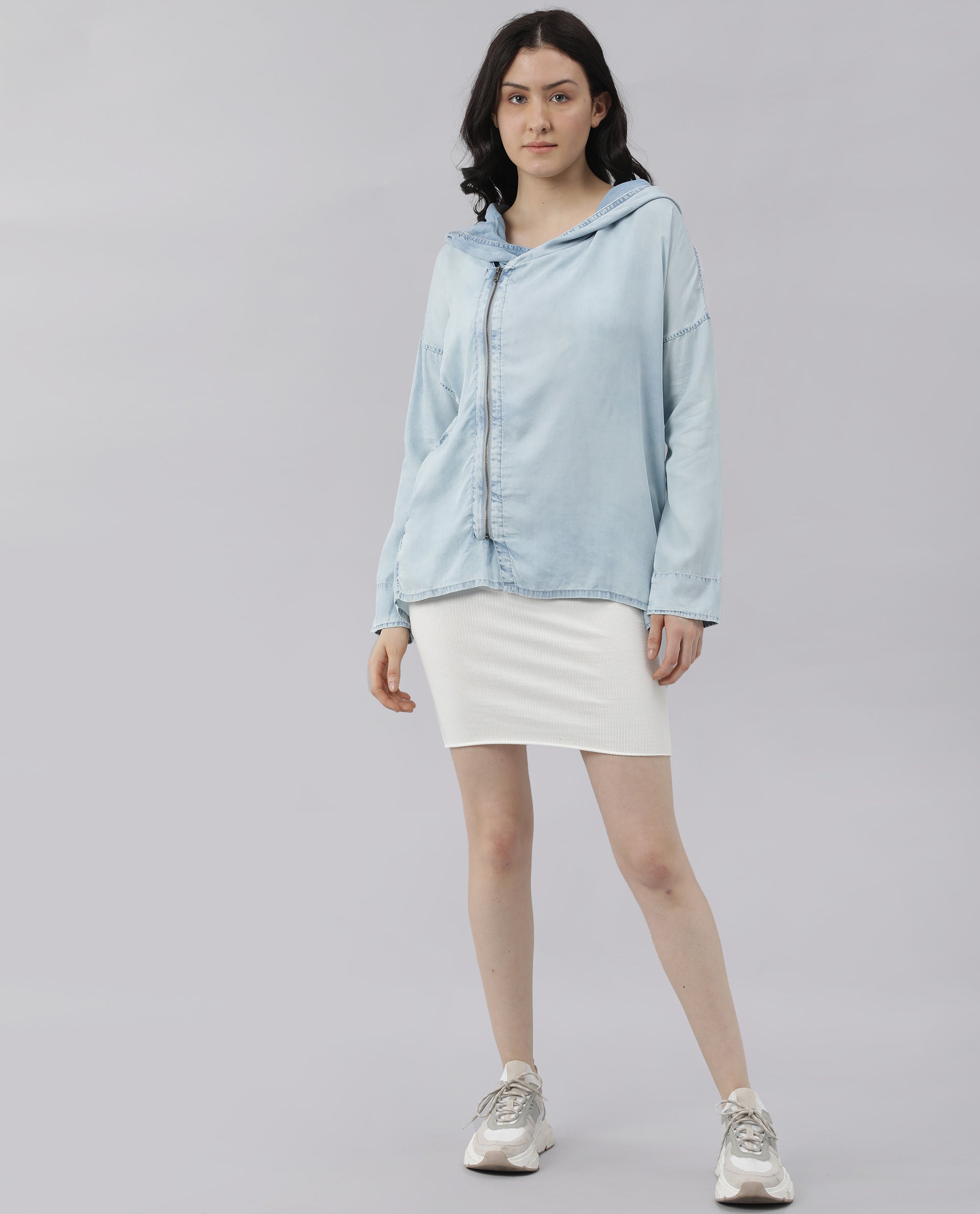 Rareism Womens Hemp Light Blue Hoodie Zipper Closure