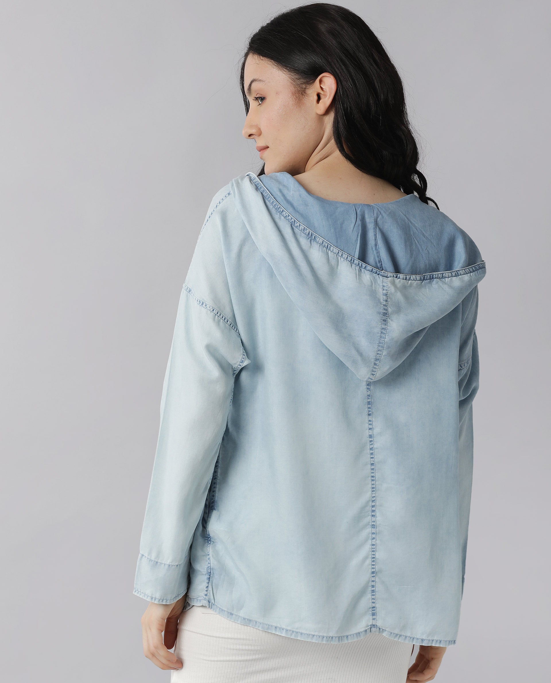 Rareism Womens Hemp Light Blue Hoodie Zipper Closure