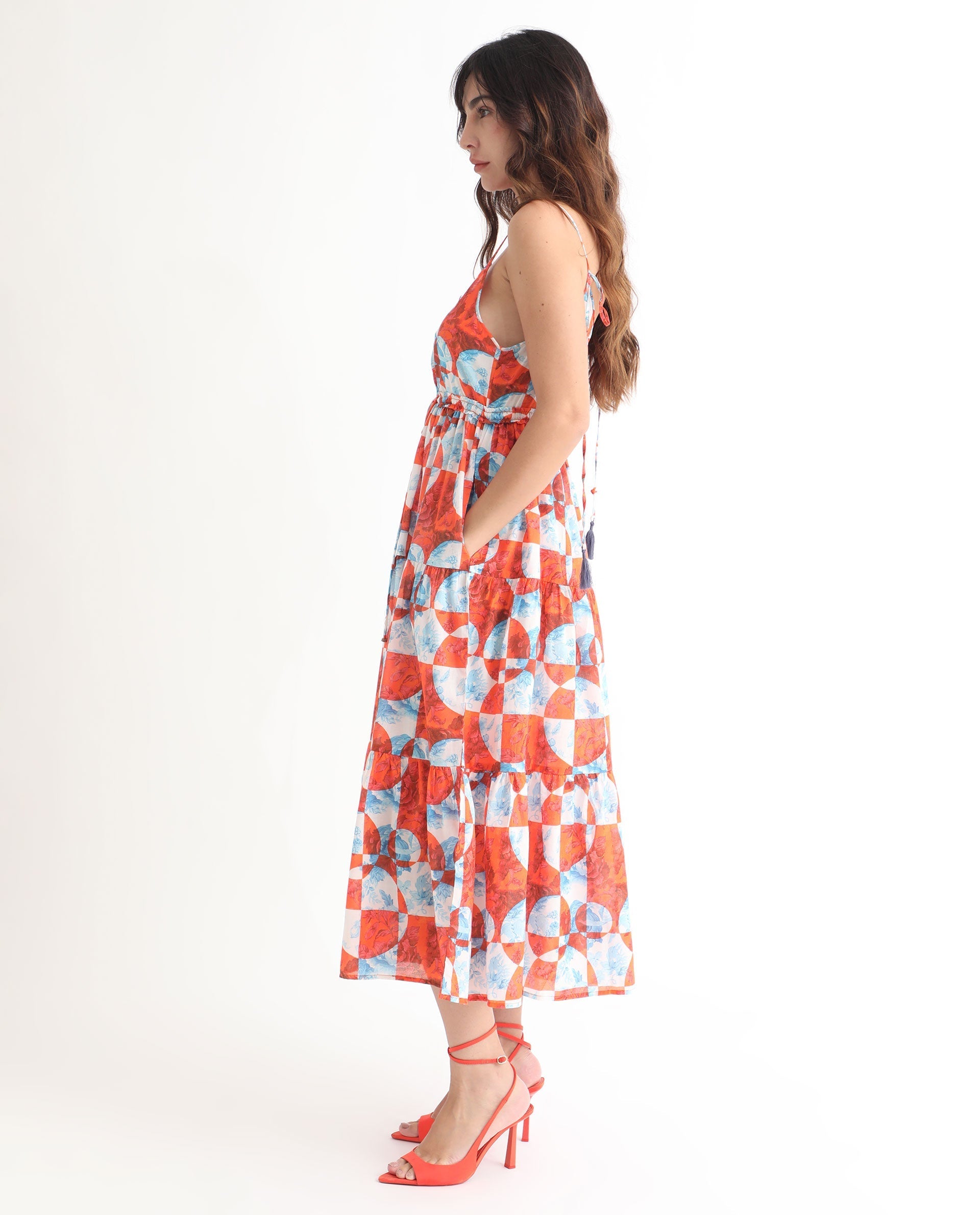 Rareism Women's Henderson Orange Cotton V-Neck Abstract Print Shoulder Strap Maxi Regular Fit Dress