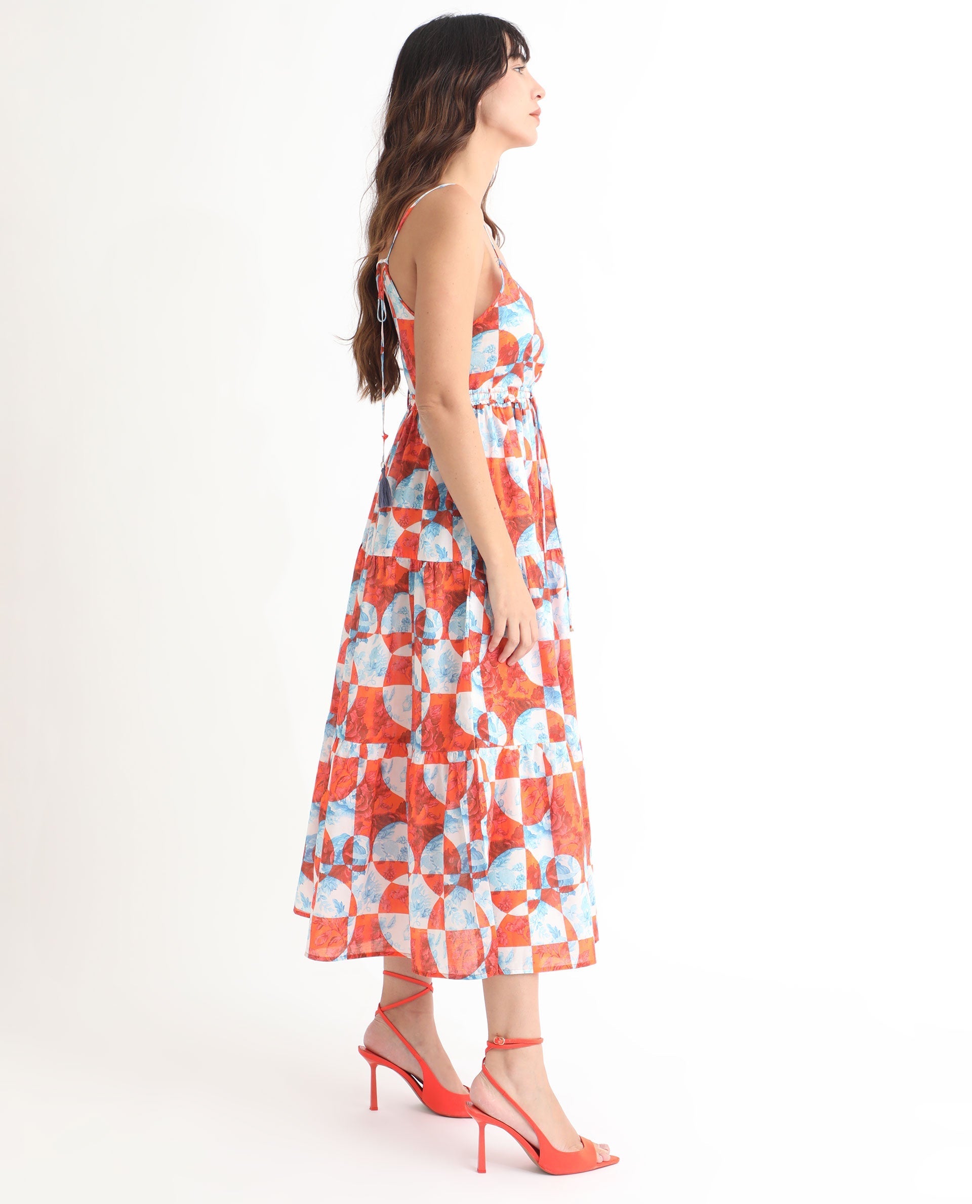 Rareism Women's Henderson Orange Cotton V-Neck Abstract Print Shoulder Strap Maxi Regular Fit Dress