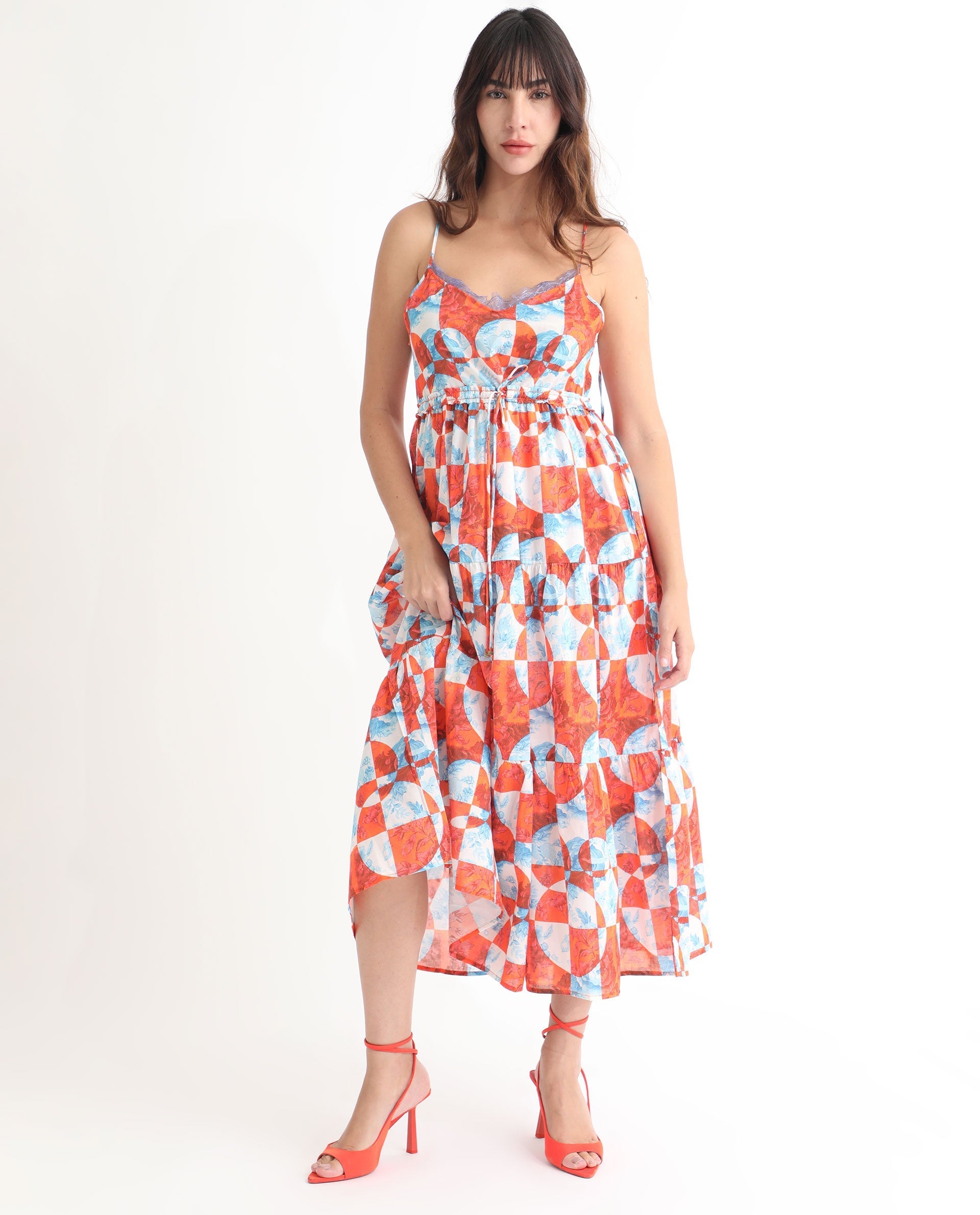 Rareism Women's Henderson Orange Cotton V-Neck Abstract Print Shoulder Strap Maxi Regular Fit Dress