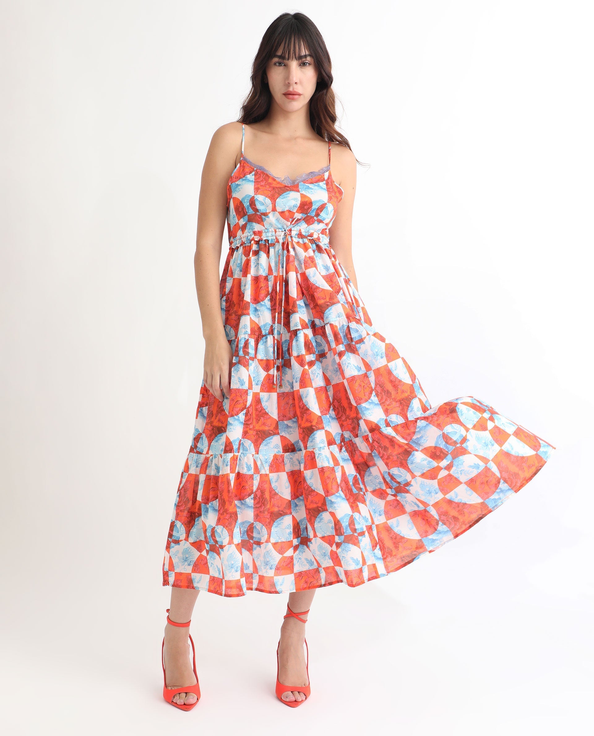 Rareism Women's Henderson Orange Cotton V-Neck Abstract Print Shoulder Strap Maxi Regular Fit Dress
