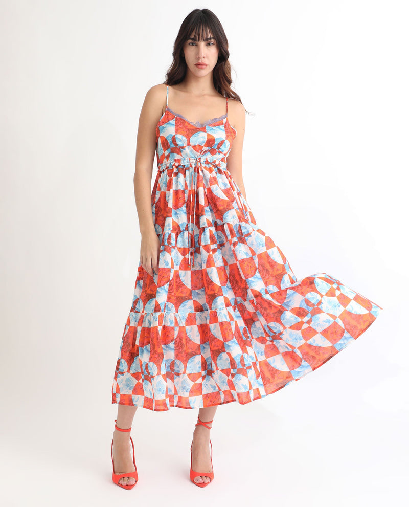 Rareism Women Henderson Orange Cotton Fabric Sleeveless Drawstring Closure V-Neck Shoulder Straps Regular Fit Abstract Print Maxi Tiered Dress