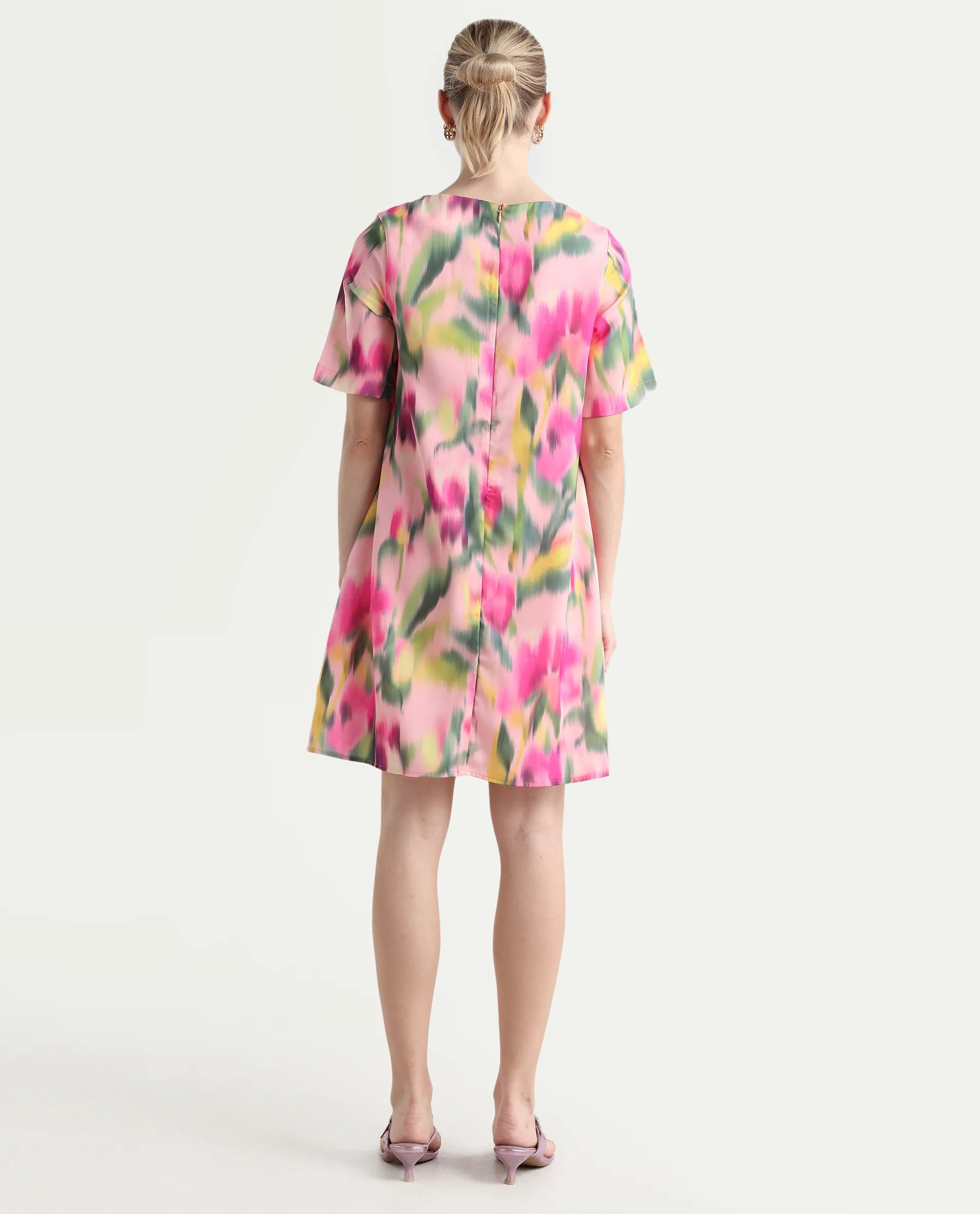 Rareism Women's Henkim Multi Polyester Blend Crew Neck Floral Print Mini A-Line Dress