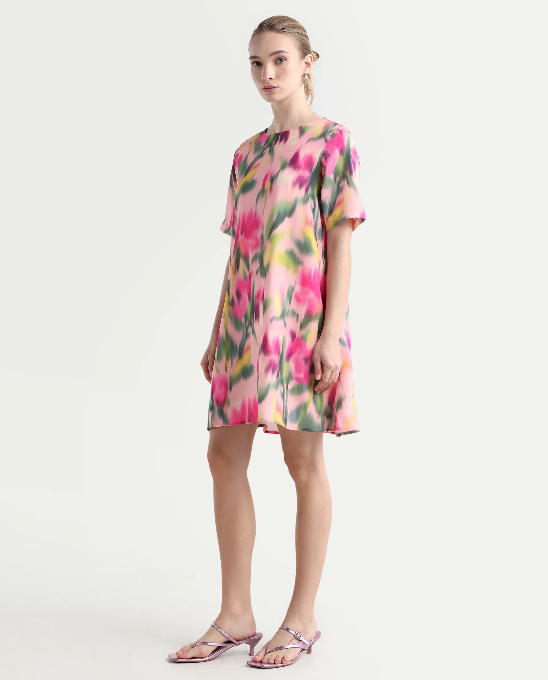 Rareism Women's Henkim Multi Polyester Blend Crew Neck Floral Print Mini A-Line Dress