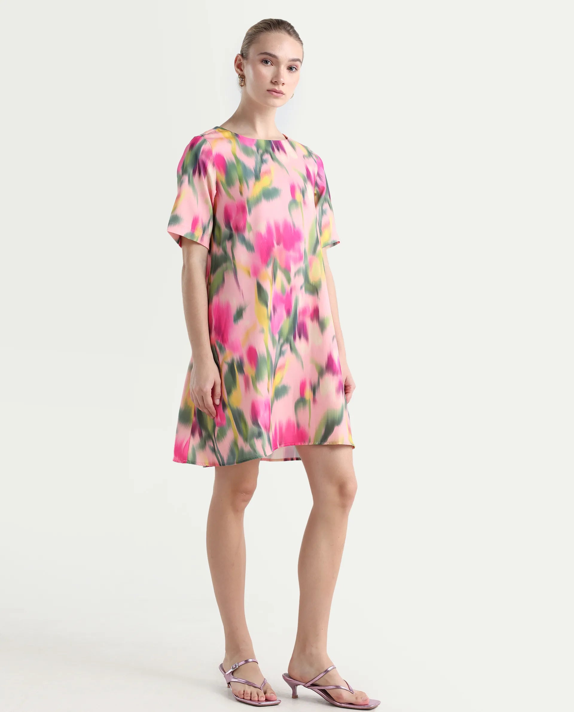 Rareism Women's Henkim Multi Polyester Blend Crew Neck Floral Print Mini A-Line Dress