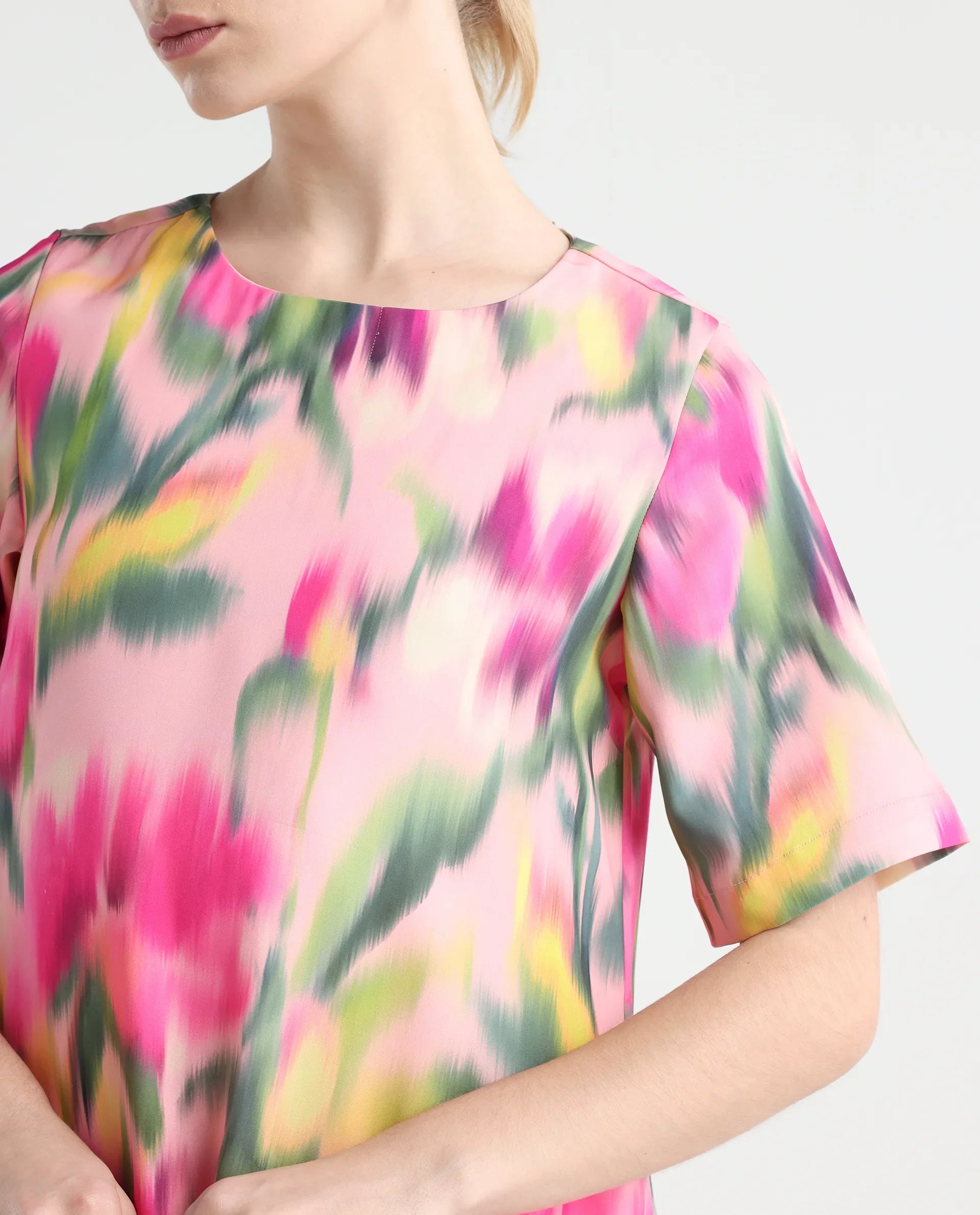 Rareism Women's Henkim Multi Polyester Blend Crew Neck Floral Print Mini A-Line Dress