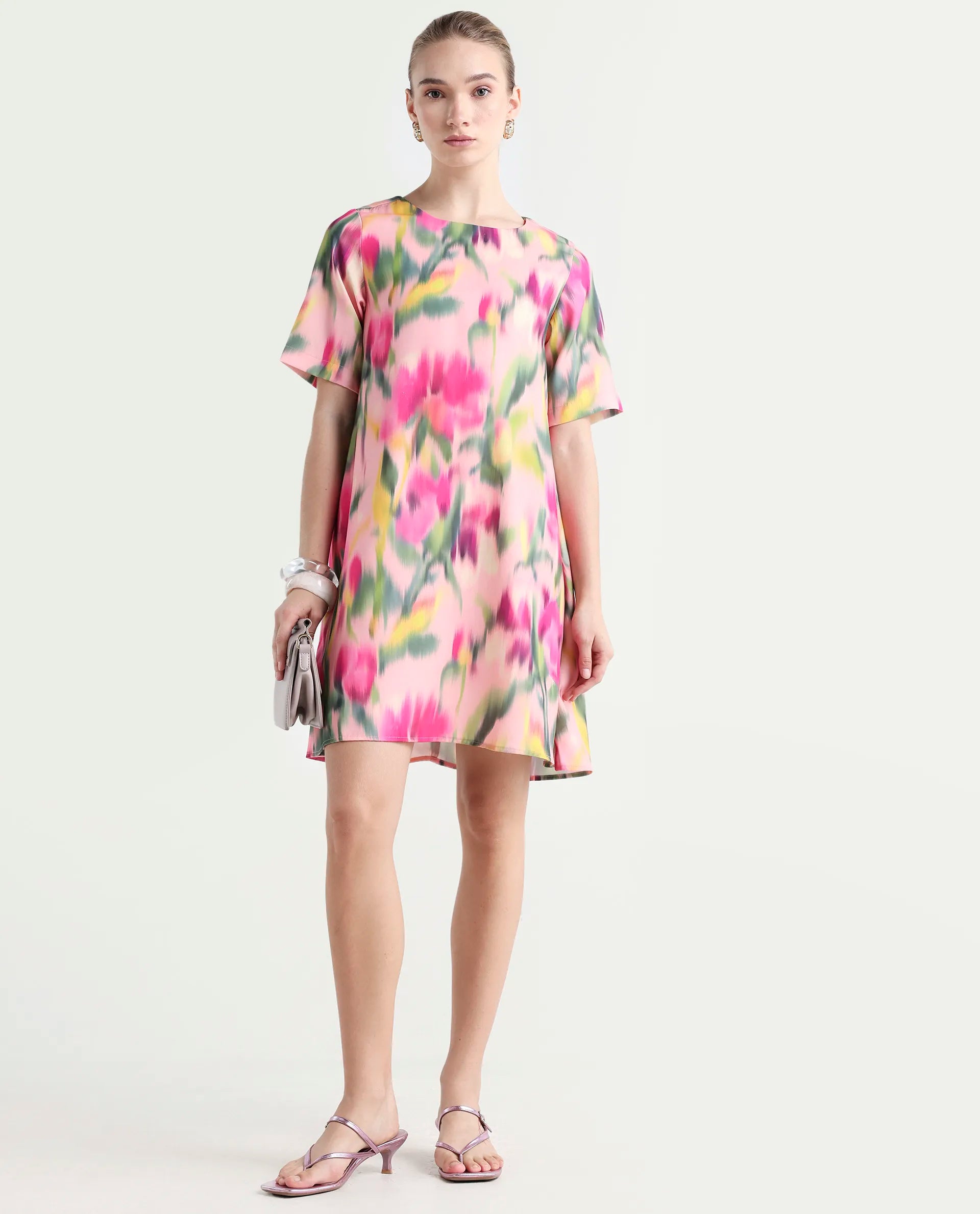 Rareism Women's Henkim Multi Polyester Blend Crew Neck Floral Print Mini A-Line Dress