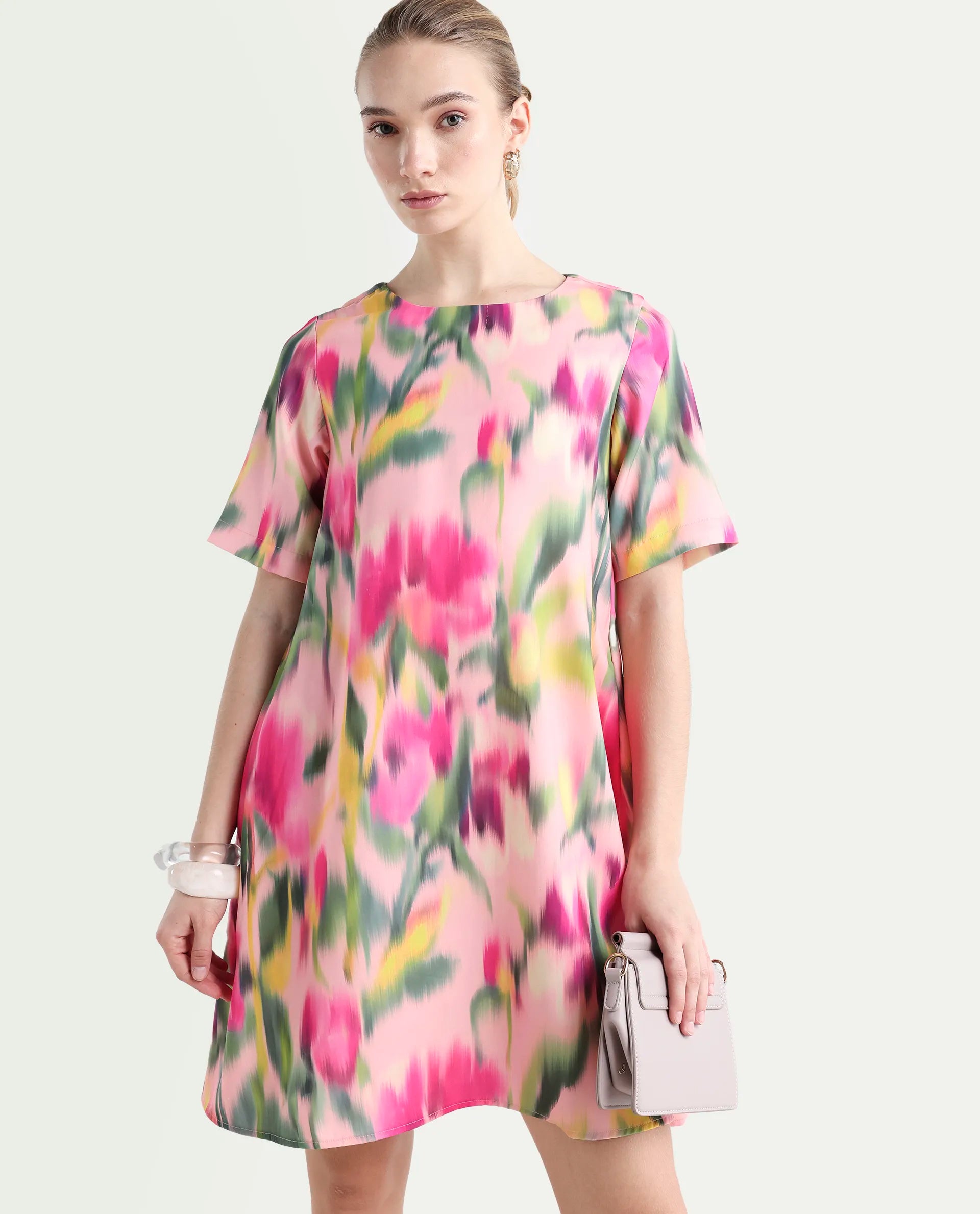 Rareism Women's Henkim Multi Polyester Blend Crew Neck Floral Print Mini A-Line Dress