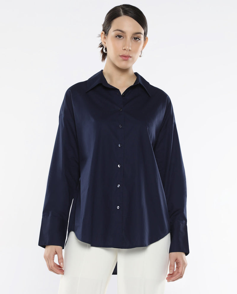 Rareism Women Hertene Navy 60'S Poplin Fabric Cuffed Sleeve Collared Neck Button Closure Boxy Fit Plain Shirt