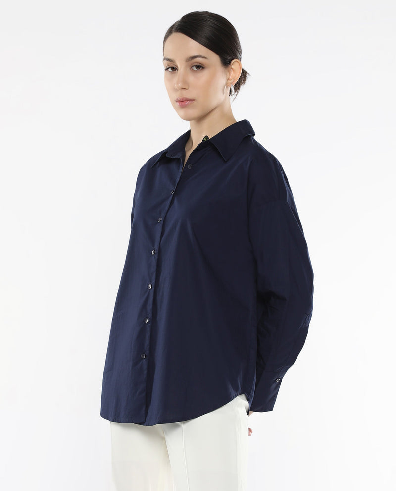 Rareism Women Hertene Navy 60'S Poplin Fabric Cuffed Sleeve Collared Neck Button Closure Boxy Fit Plain Shirt