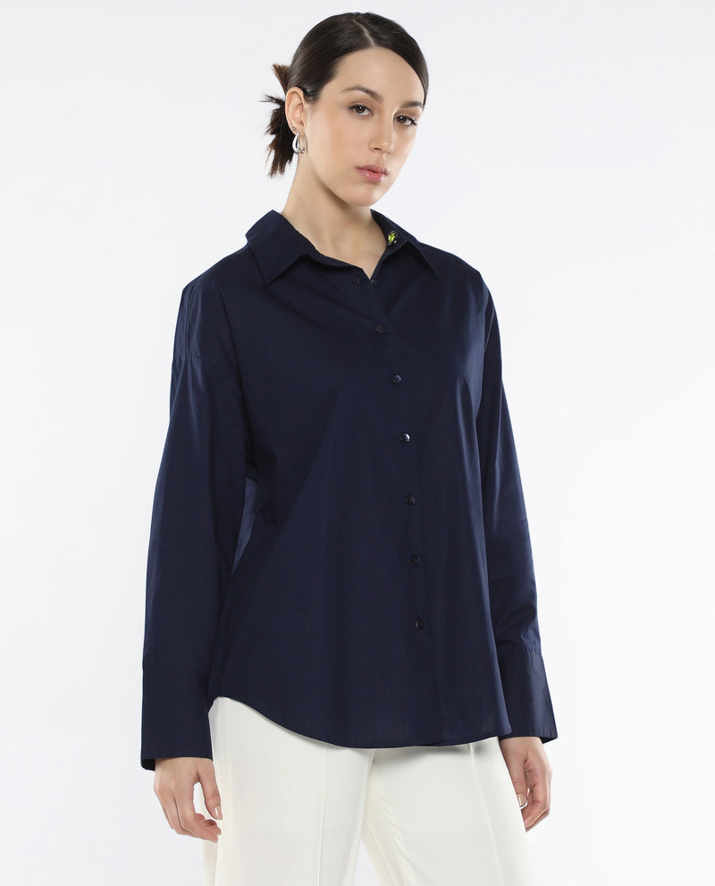 Rareism Women Hertene Navy 60'S Poplin Fabric Cuffed Sleeve Collared Neck Button Closure Boxy Fit Plain Shirt